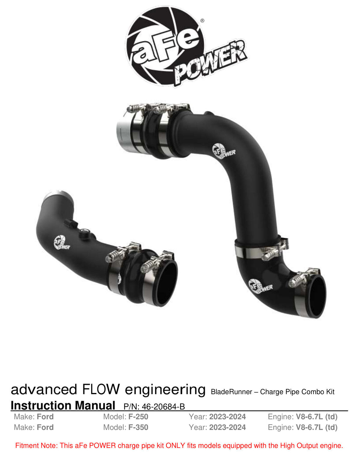 aFe 23-24 Ford F250/F350 Super Duty V8-6.7L BladeRunner 3 In. Aluminum Hot and Cold Charge Pipe- BLK