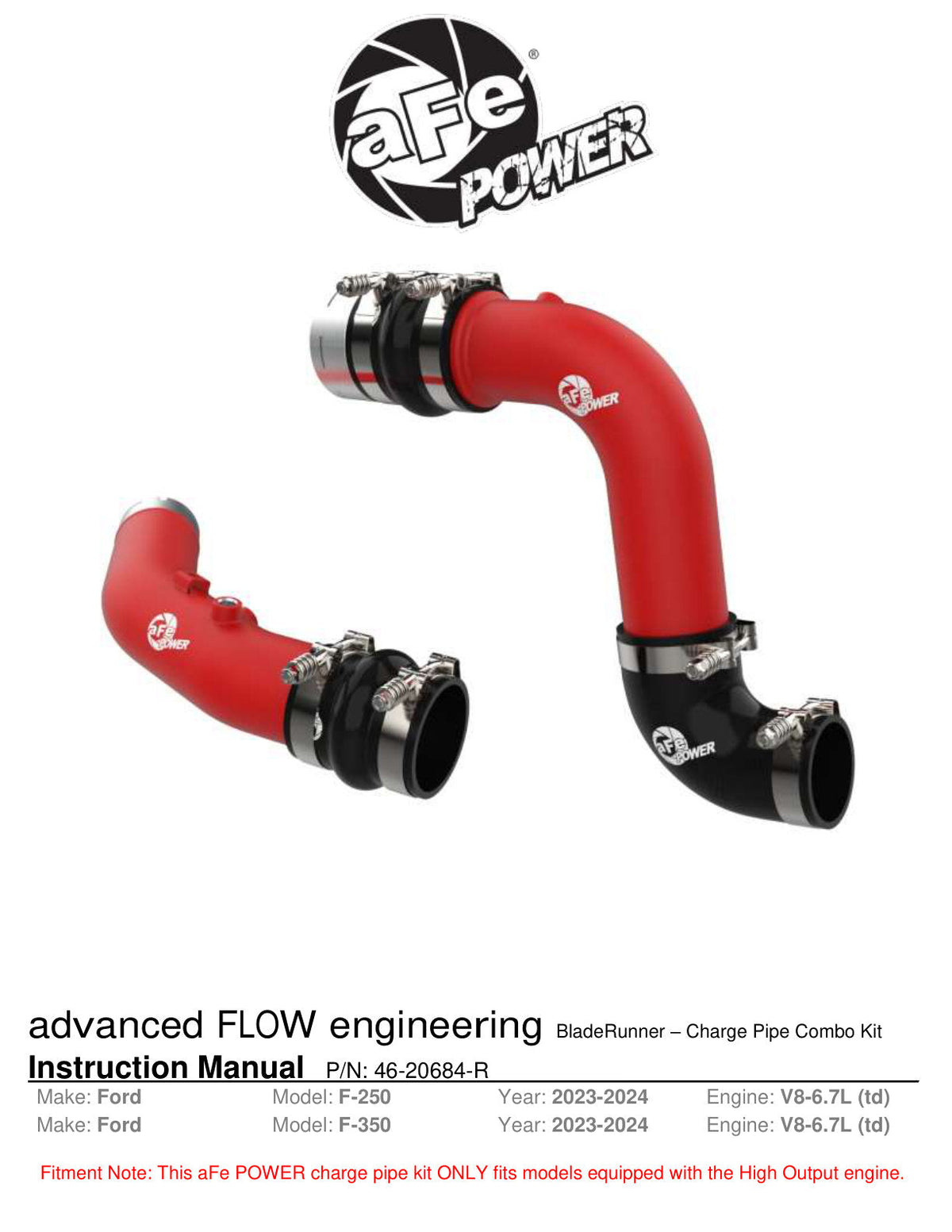 aFe 23-25 Ford F250/F350 Super Duty V8-6.7L BladeRunner Aluminum Hot & Cold Charge Pipe Kit - Red
