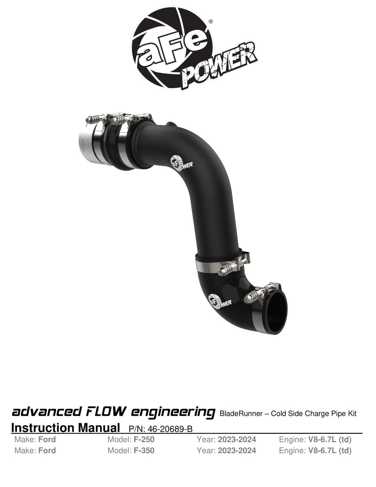aFe 23-24 Ford F250/F350 Super Duty V8-6.7L BladeRunner 3 In. Aluminum Cold Charge Pipe- BLK