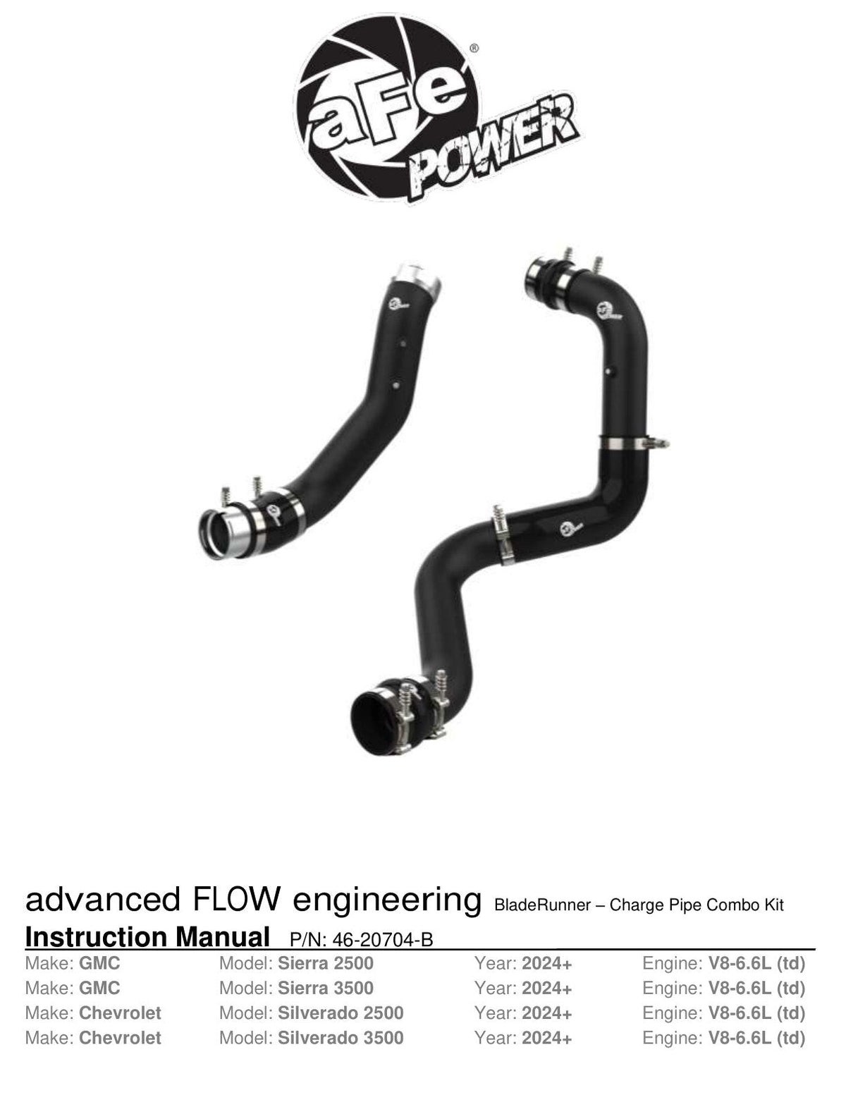 aFe 2024 GM Diesel Trucks V8 6.6L L5P BladeRunner Aluminum 3in Hot & 3.5in Cold Charge Pipe - Black