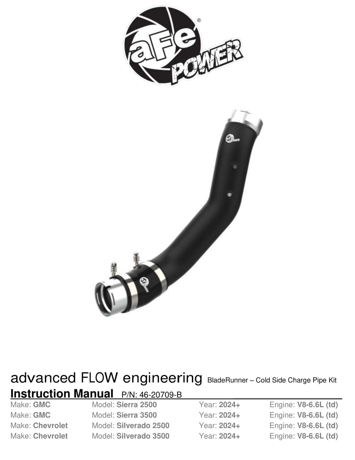 aFe 2024 GM Diesel Trucks V8 6.6L L5P BladeRunner 3.5in Aluminum Cold Charge Pipe - Black