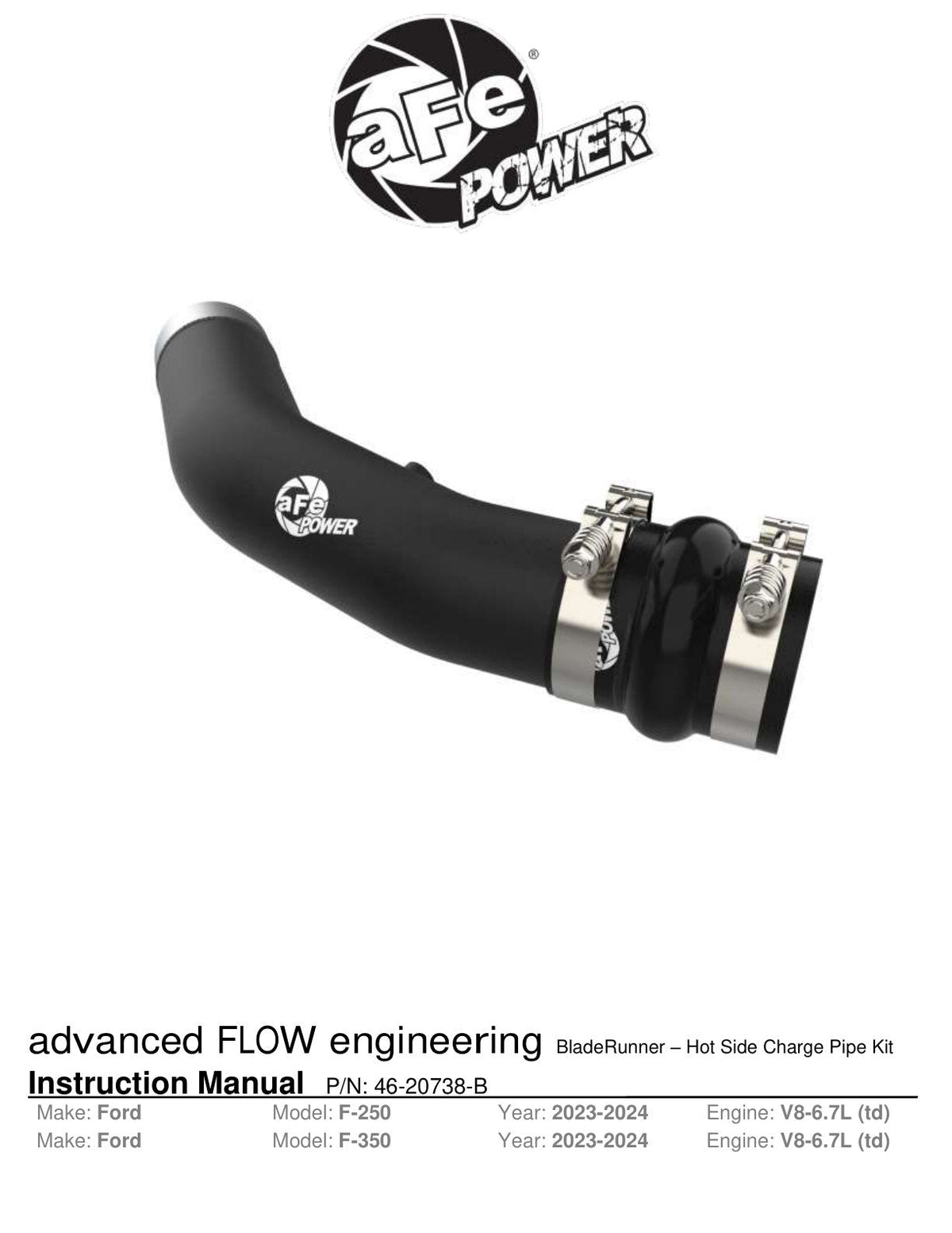 aFe 23-24 Ford Diesel Trucks V8-6.7L (td) BladeRunner 3in. Aluminum Hot Charge Pipe - Black