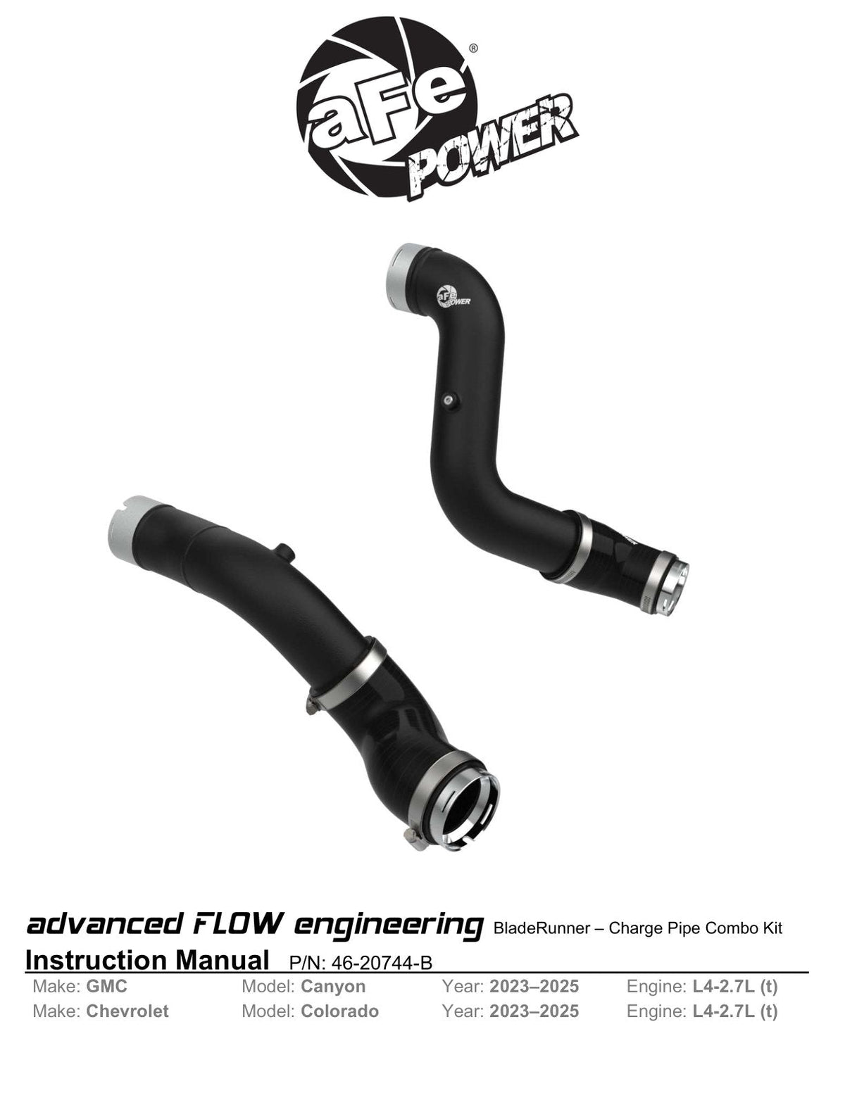 aFe 23-25 GM Colorado/Canyon L4-2.7L BladeRunner Aluminum Hot and Cold Charge Pipe Kit - Black