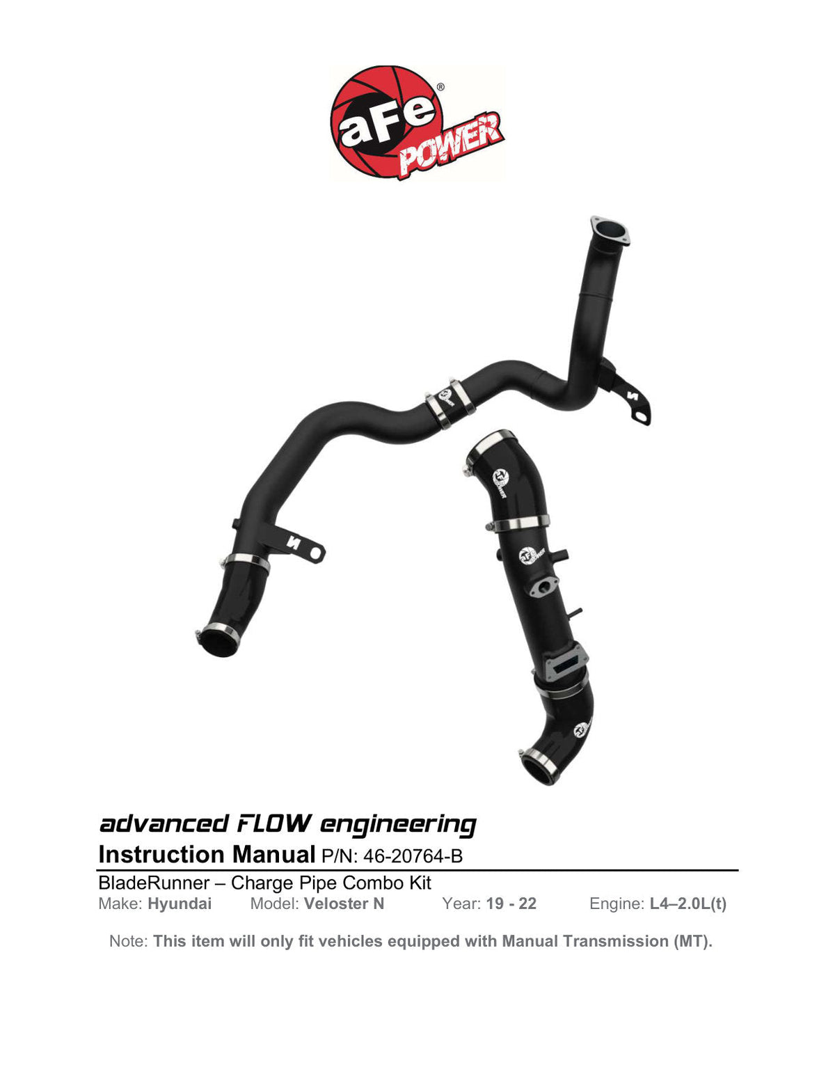 aFe 19-22 Hyundai Veloster N BladeRunner Aluminum Hot & Cold Charge Pipe Kit - Black