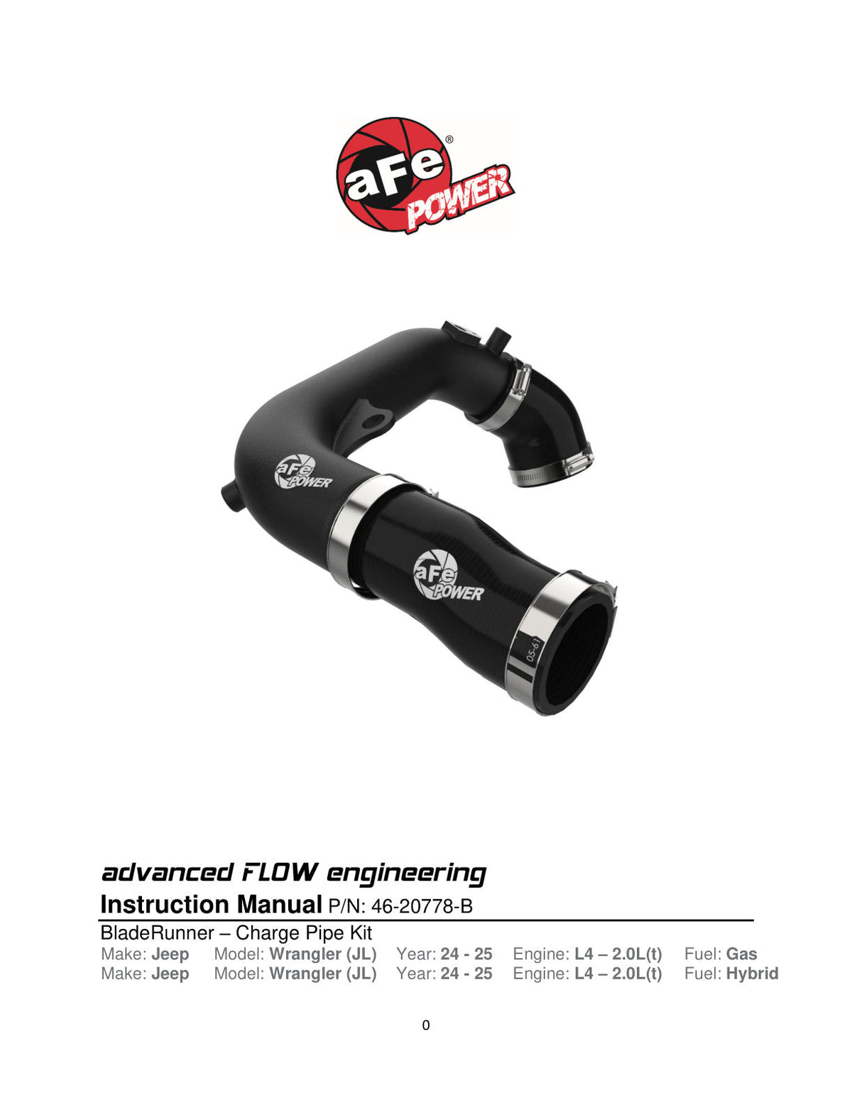 aFe 2024+ Jeep Wrangler JL L4-2.0L (t) BladeRunner 2-1/2in Aluminum Hot Charge Pipe - Black