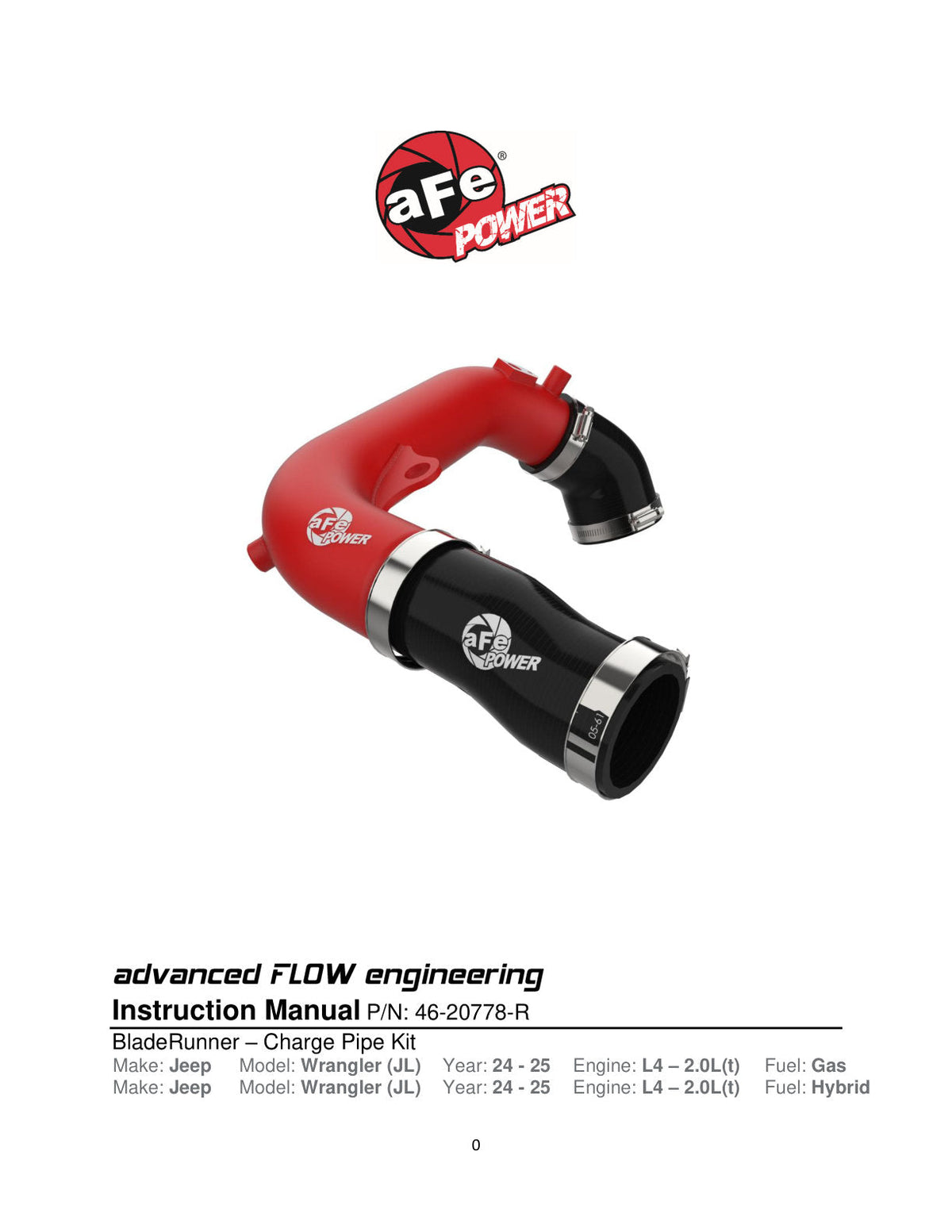 aFe 2024+ Jeep Wrangler JL L4-2.0L (t) BladeRunner 2-1/2in Aluminum Hot Charge Pipe - Red