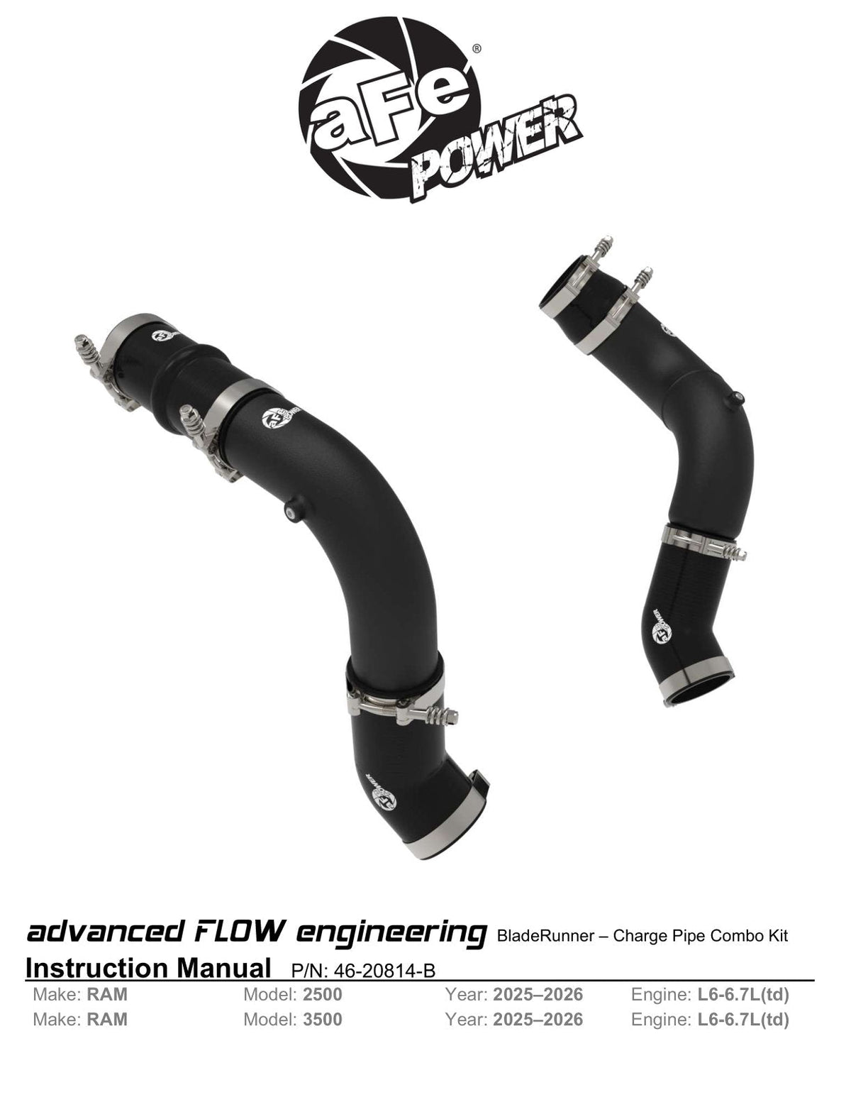 aFe BladeRunner 3in & 3-1/2in AL Hot and Cold Charge Pipe Kit Black RAM Diesel Trucks 25-26 L6-6.7L