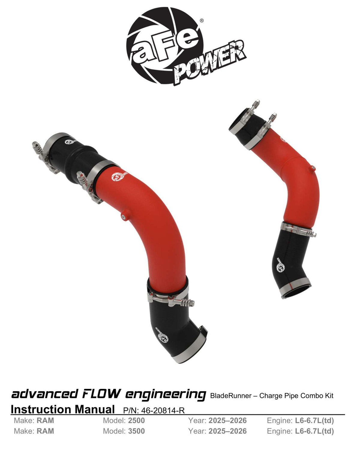aFe BladeRunner 3in & 3-1/2in AL Hot and Cold Charge Pipe Kit Red RAM Diesel Trucks 25-26 L6-6.7L