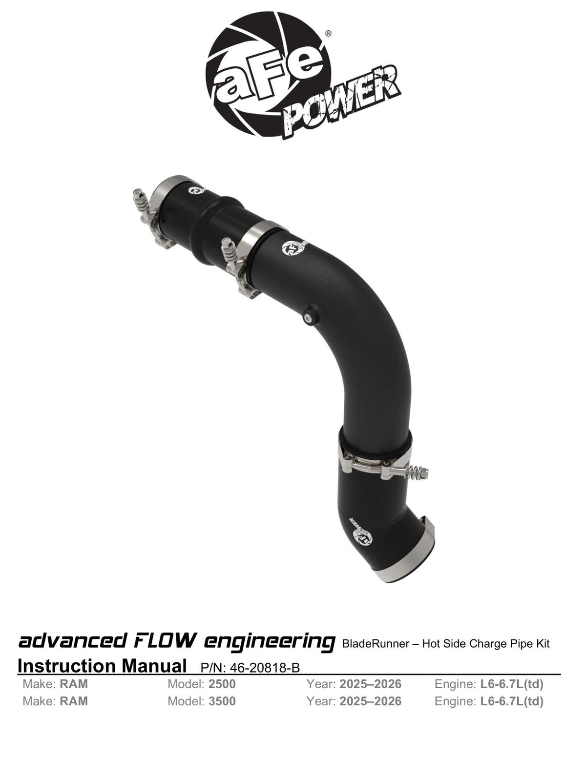 aFe BladeRunner 3in Aluminum Hot Charge Pipe Black RAM Diesel Trucks 25-26 L6-6.7L (td)