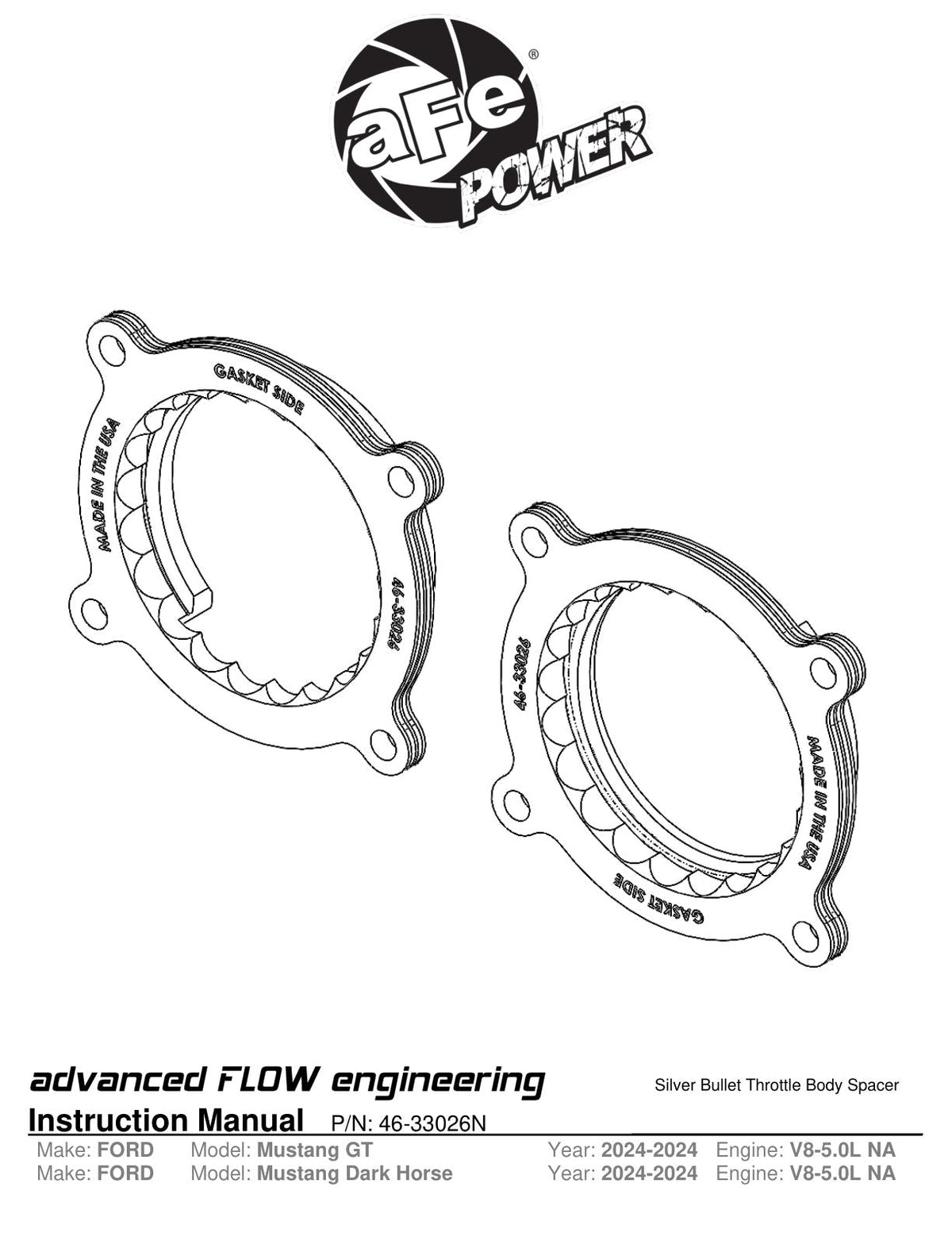 aFe 2024 Ford Mustang GT/ 2024 Ford Mustang Dark Horse V8 5.0L Silver Bullet Throttle Body Spacer