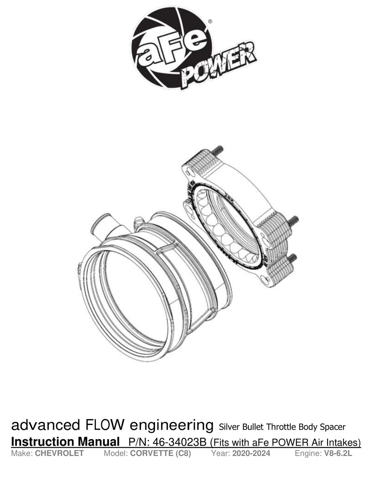 aFe 2020 Vette C8 Silver Bullet Aluminum Throttle Body Spacer / Works With aFe Intake Only - Black