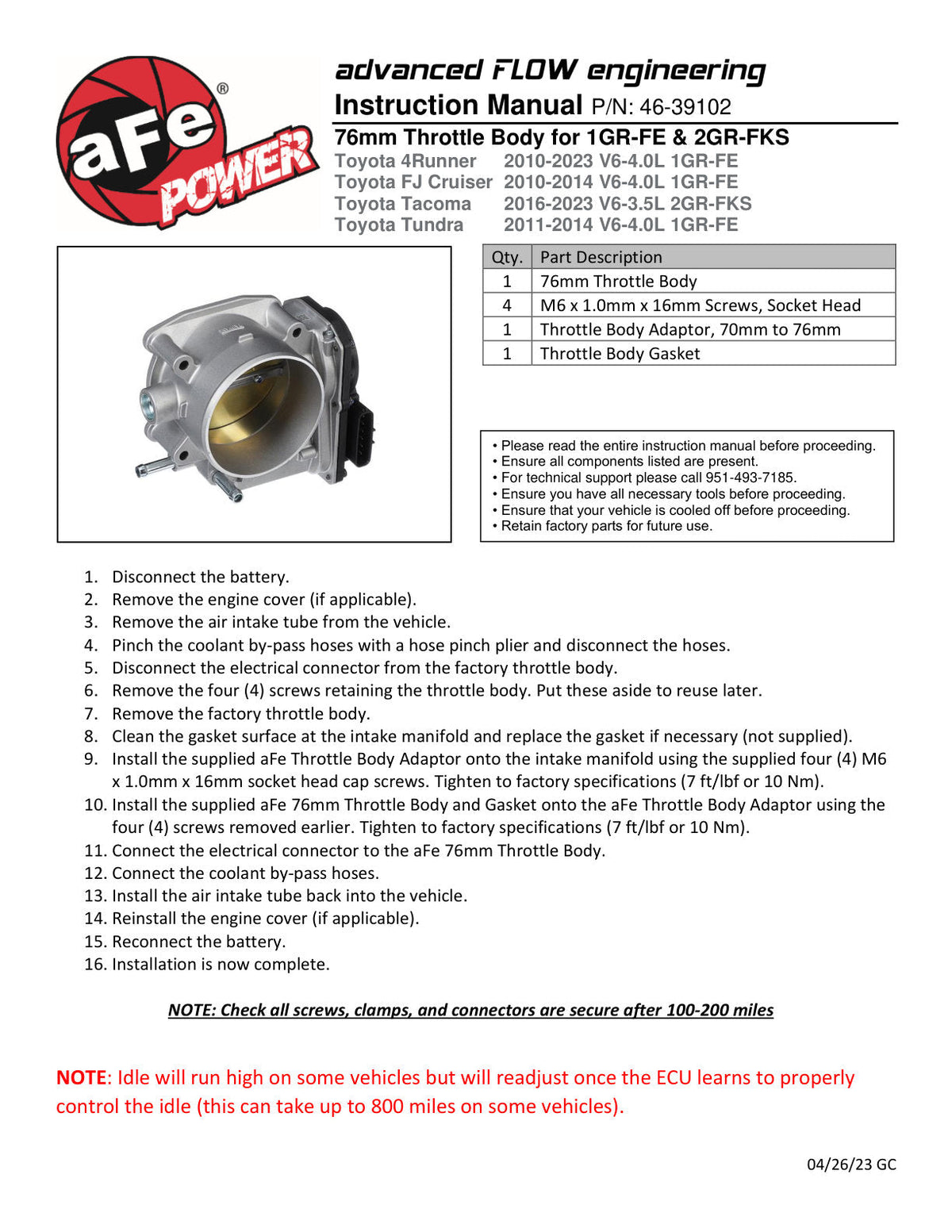 aFe POWER 10-23 Toyota 4Runner V6 4.0L / 10-14 Toyota FJ Cruiser V6 4.0L 76mm Billet Throttle Body