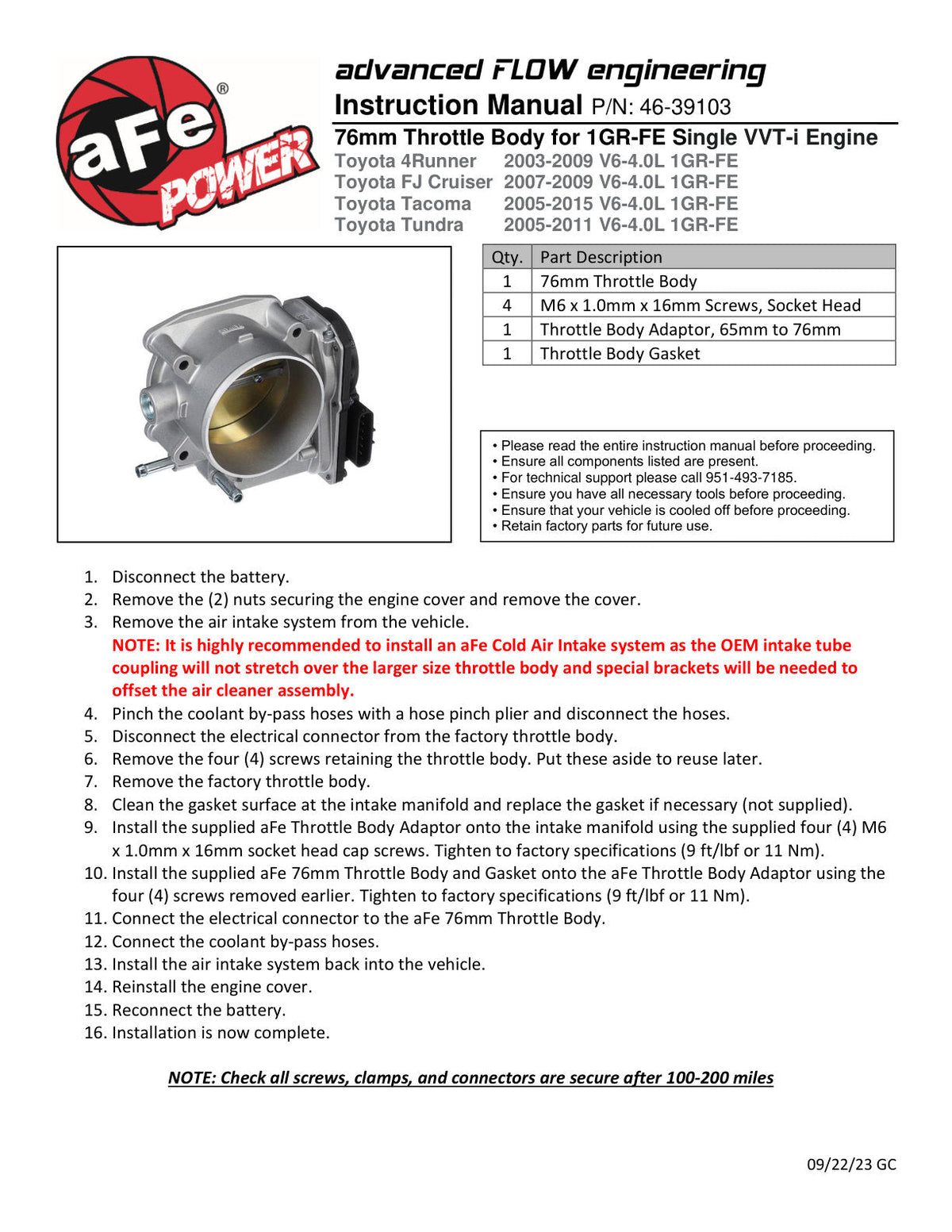 aFe POWER 03-09 Toyota 4Runner V6 4.0L / 10-14 Toyota FJ Cruiser V6 4.0L 76mm Billet Throttle Body