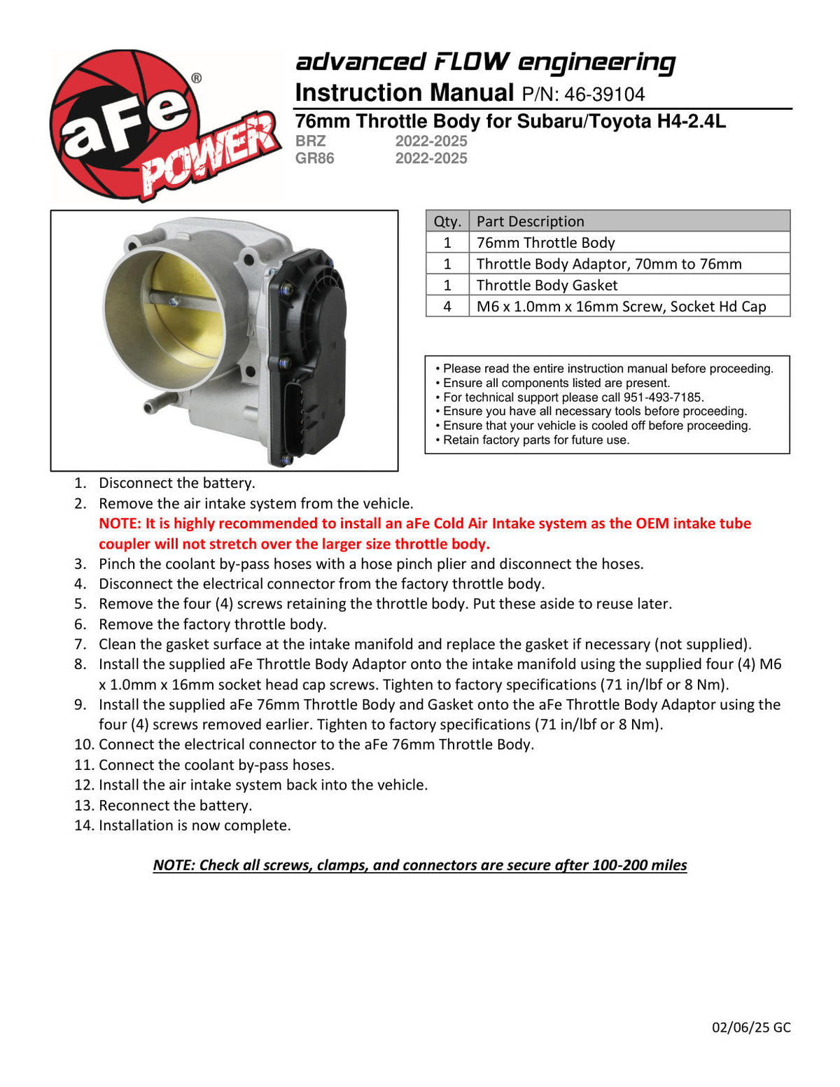 aFe 2022+ Toyota GR86 / 2022+ Subaru BRZ 76mm Throttle Body