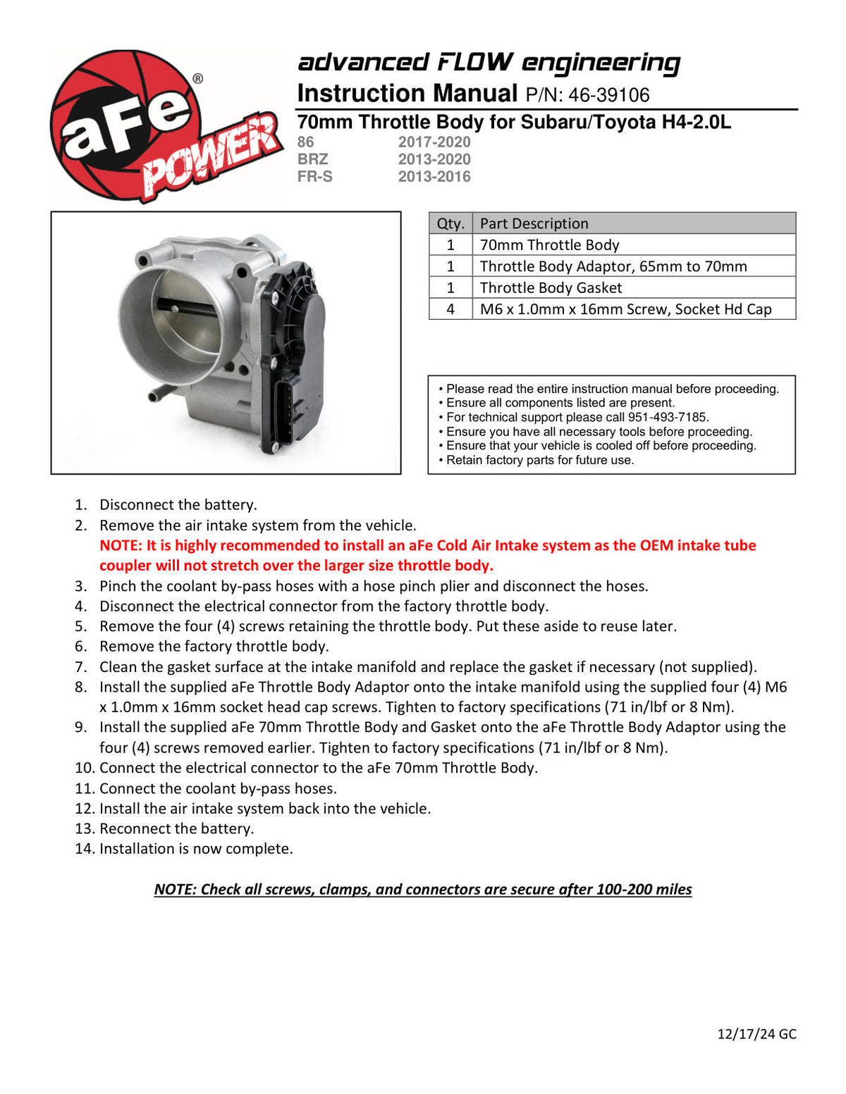aFe 13-20 Subaru BRZ/Scion FR-S 70mm Throttle Body
