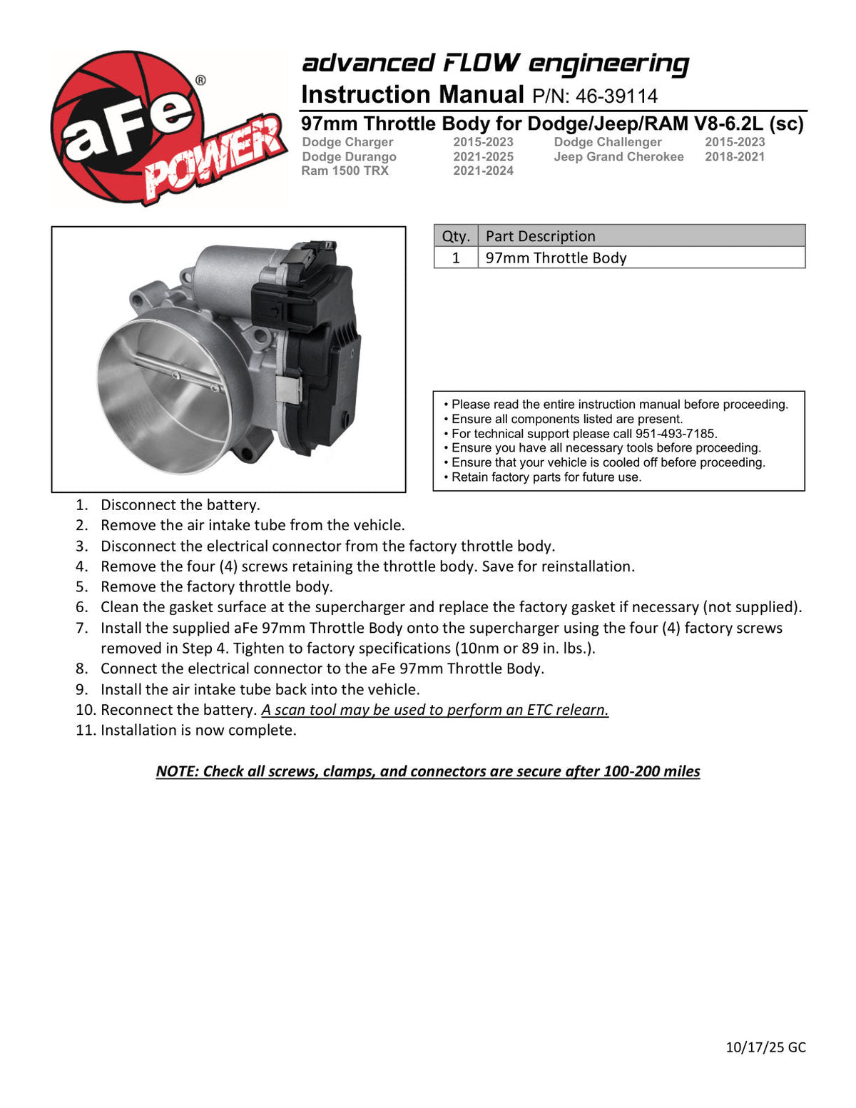 aFe POWER 15-25 Dodge V8-6.2L Hemi 97mm Throttle Body