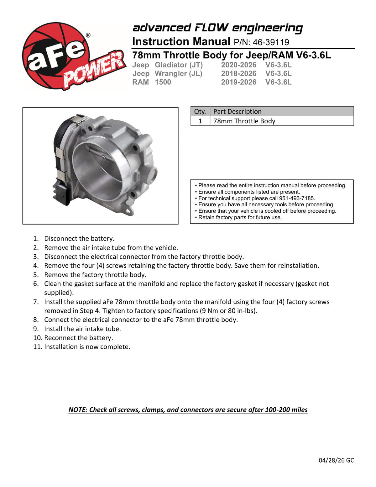aFe POWER 18-26 Jeep JL/JT / 19-26 Ram 1500 V6-3.6L 78mm Throttle Body