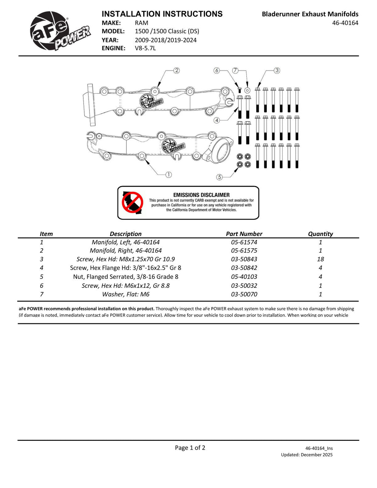 aFe BladeRunner Exhaust Manifold Dodge/RAM 1500 09-18/RAM 1500 Classic 19-24 V8-5.7L HEMI