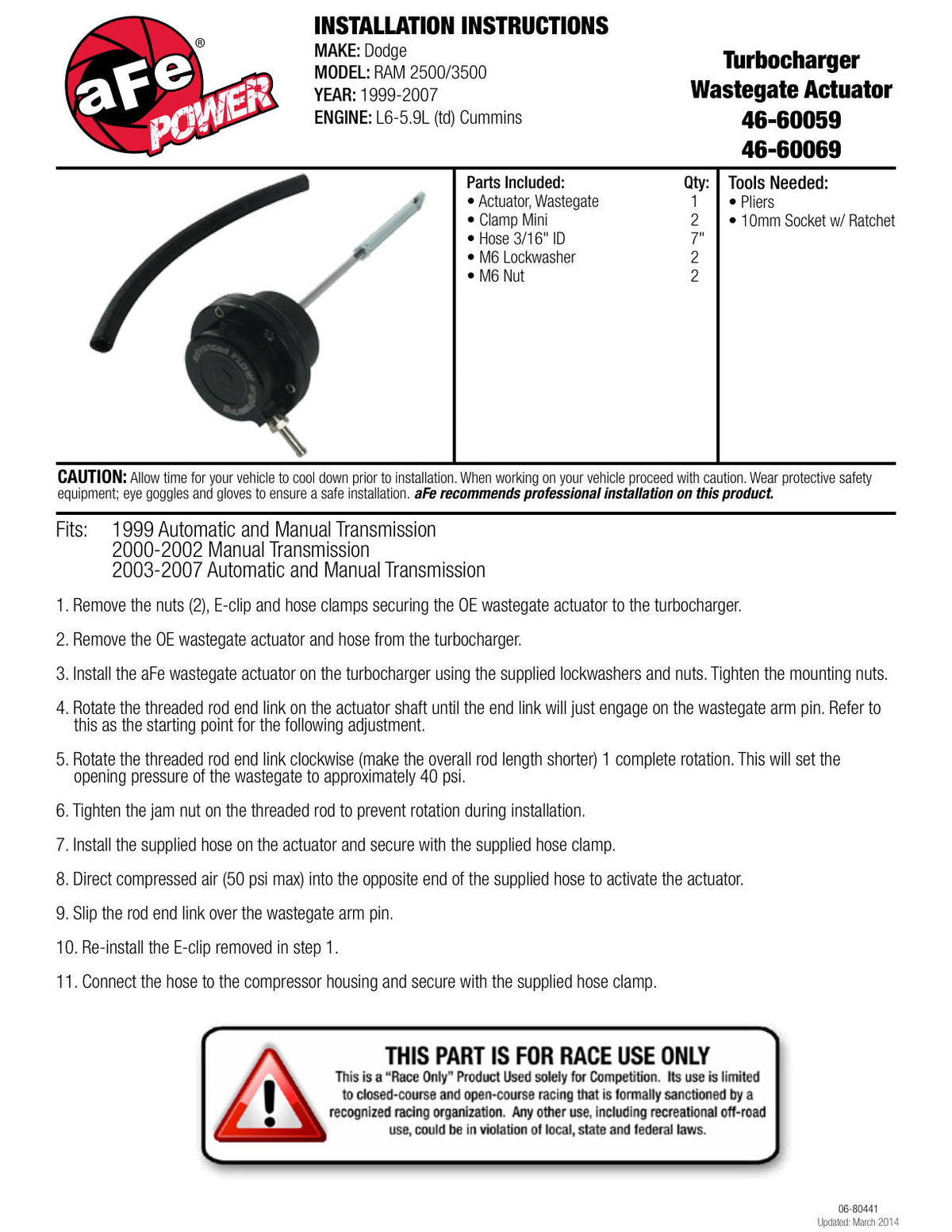 aFe Bladerunner Turbochargers Wastegate Actuator; Dodge Diesel Trucks 03-07 L6 -5.9L (td)
