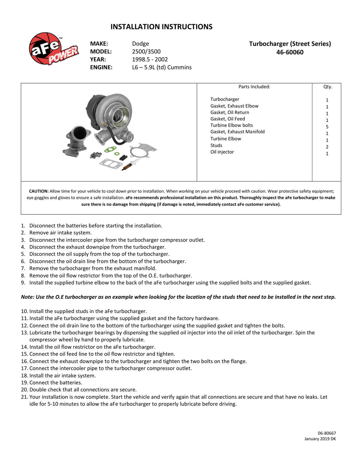aFe Power Bladerunner Turbocharger 76mm 98.5-02 Dodge Diesel Trucks L6-5.9L (td)