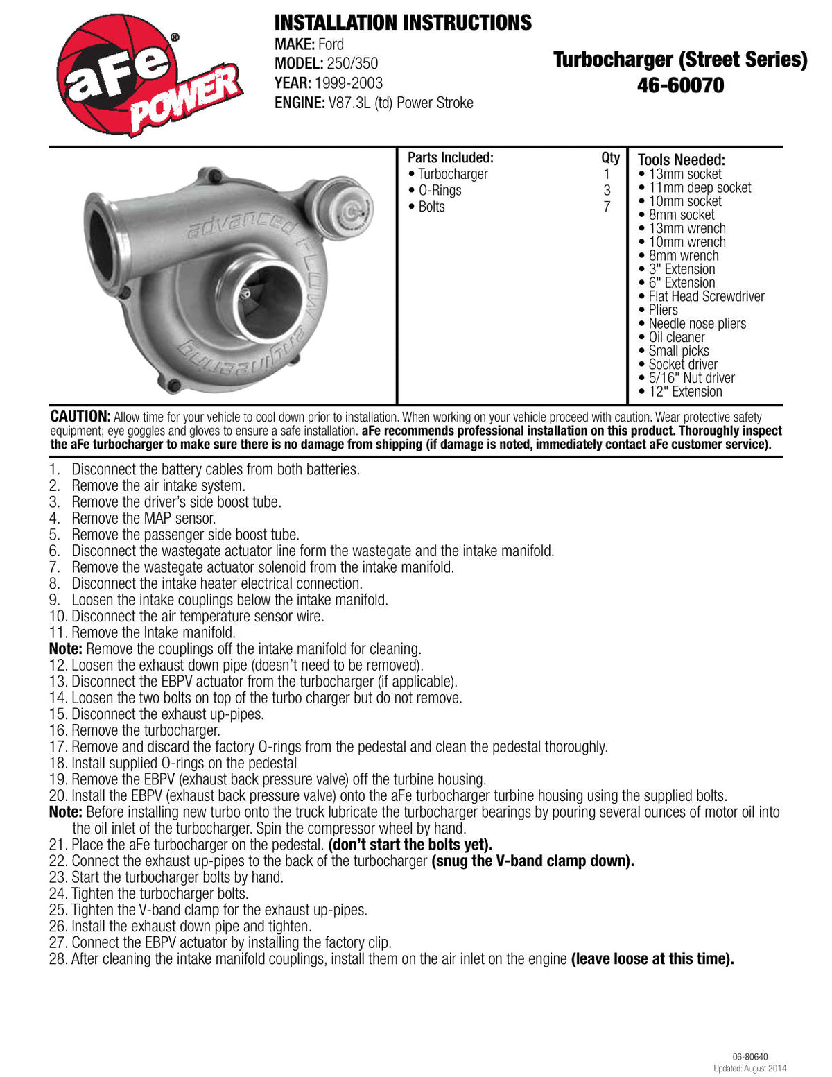 aFe Power Bladerunner Turbocharger 88mm 99.5-03 Ford Diesel Trucks V8 7.3L (td)