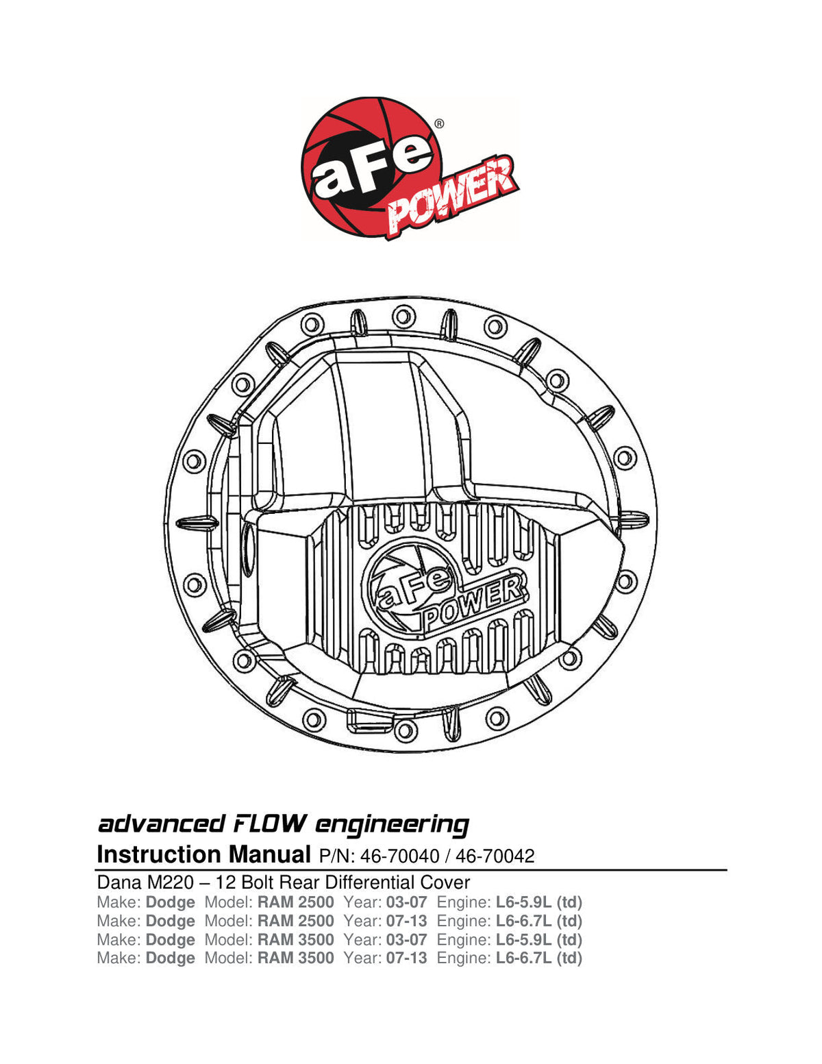 aFe Power Cover Diff Front Machined COV Diff F Dodge Diesel Trucks 03-11 L6-5.9/6.7L Machined