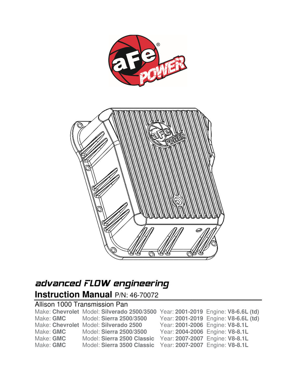 aFe Power Cover Trans Pan Machined Trans Pan GM Diesel Trucks 01-12 V8-6.6L Machined