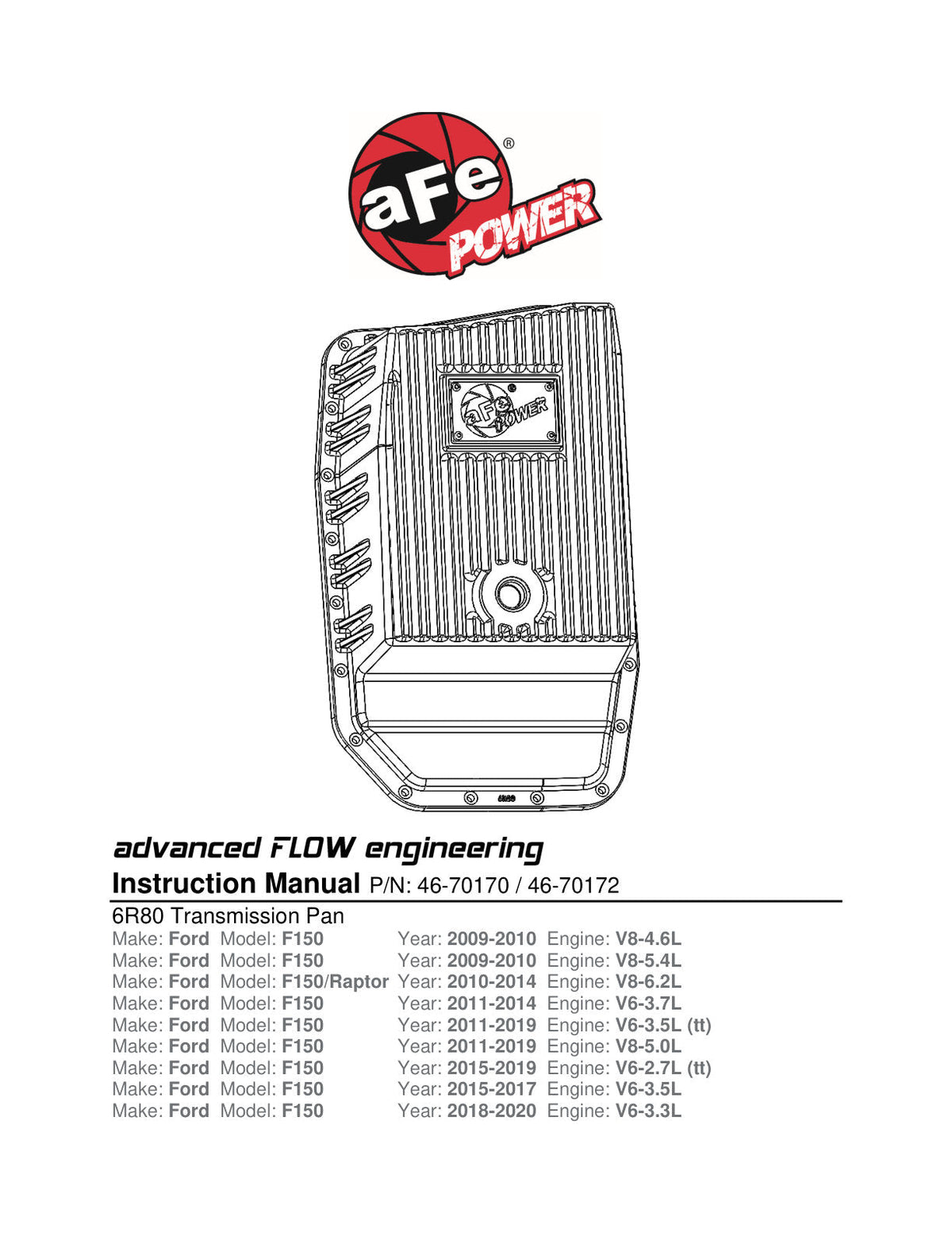 aFe Power Transmission Pan Black Machined 09-14 Ford 6R80 F-150 Trucks