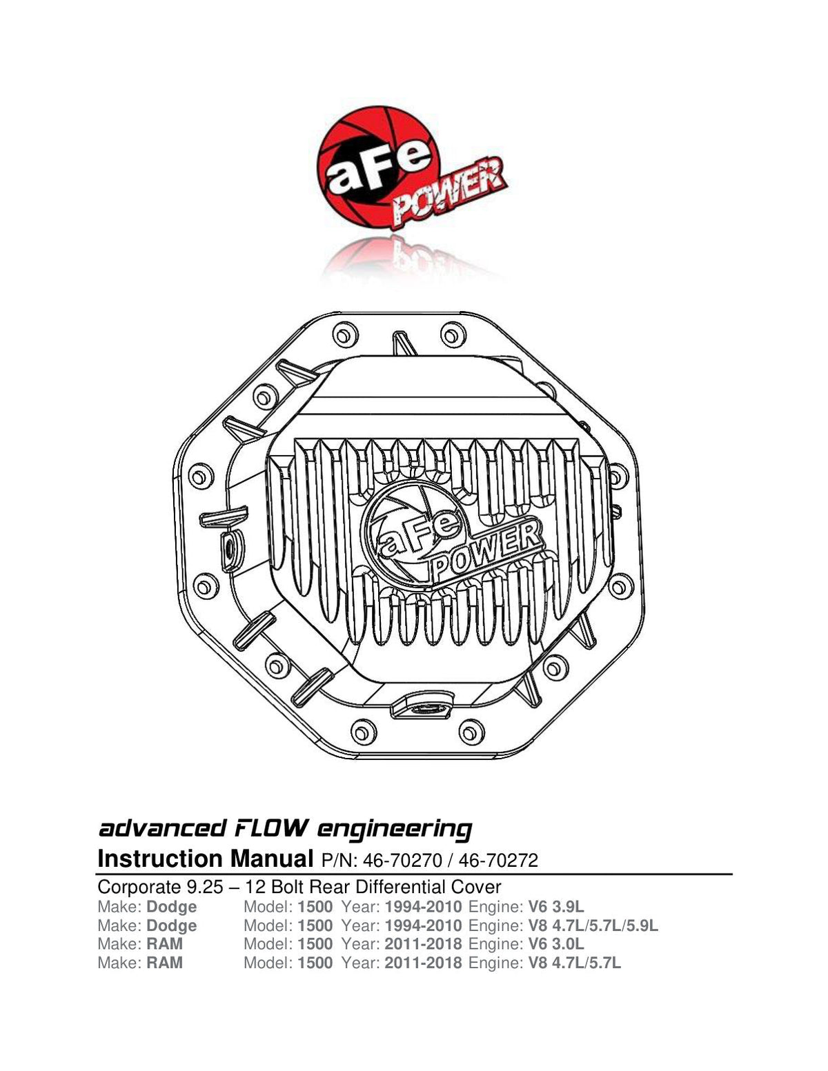 aFe Rear Differential Cover (Raw; Pro Series); Dodge/RAM 94-14 Corporate 9.25 (12-Bolt)
