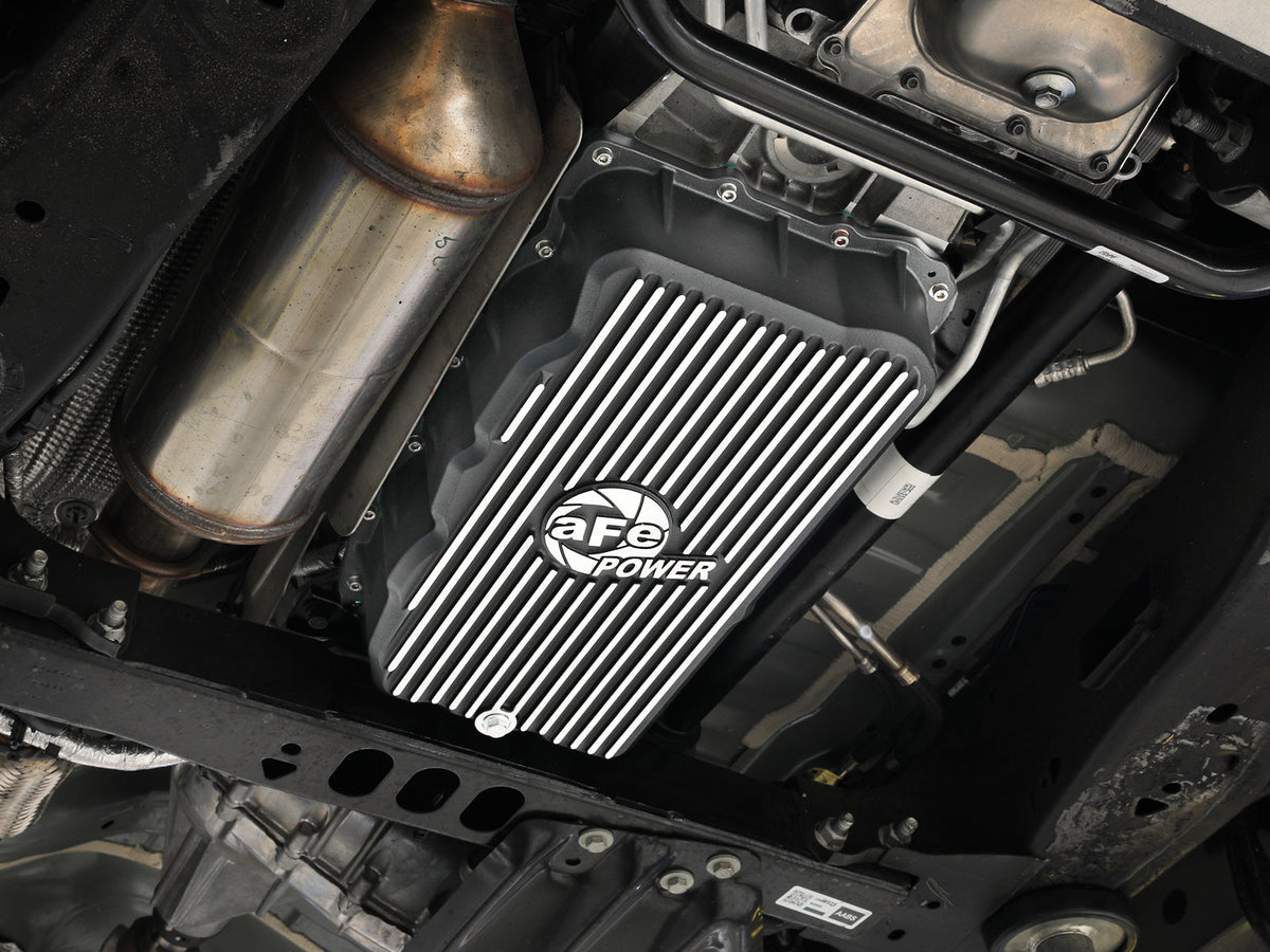 aFe 20-26 GM Trucks L6 3.0L Transmission Pan - Black w/ Machined Fins