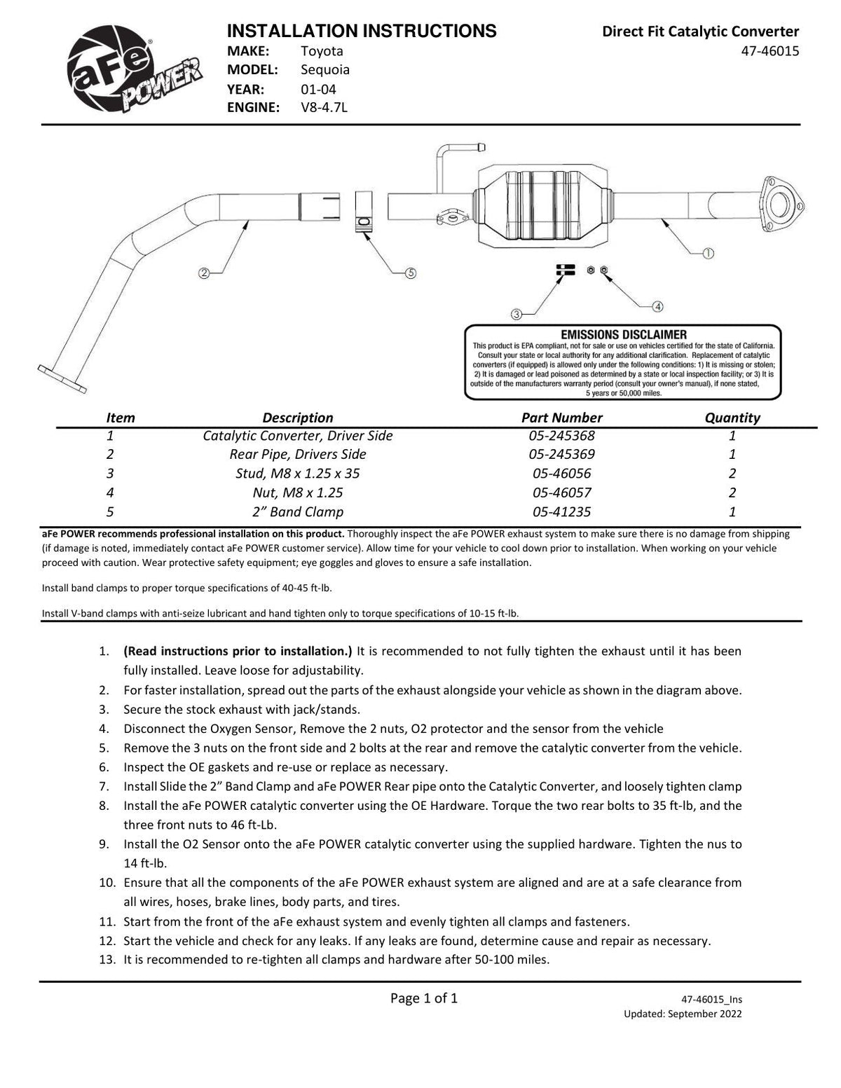 aFe POWER Direct Fit Front Driver Catalytic Converter Toyota Sequoia 01-04 V8-4.7L