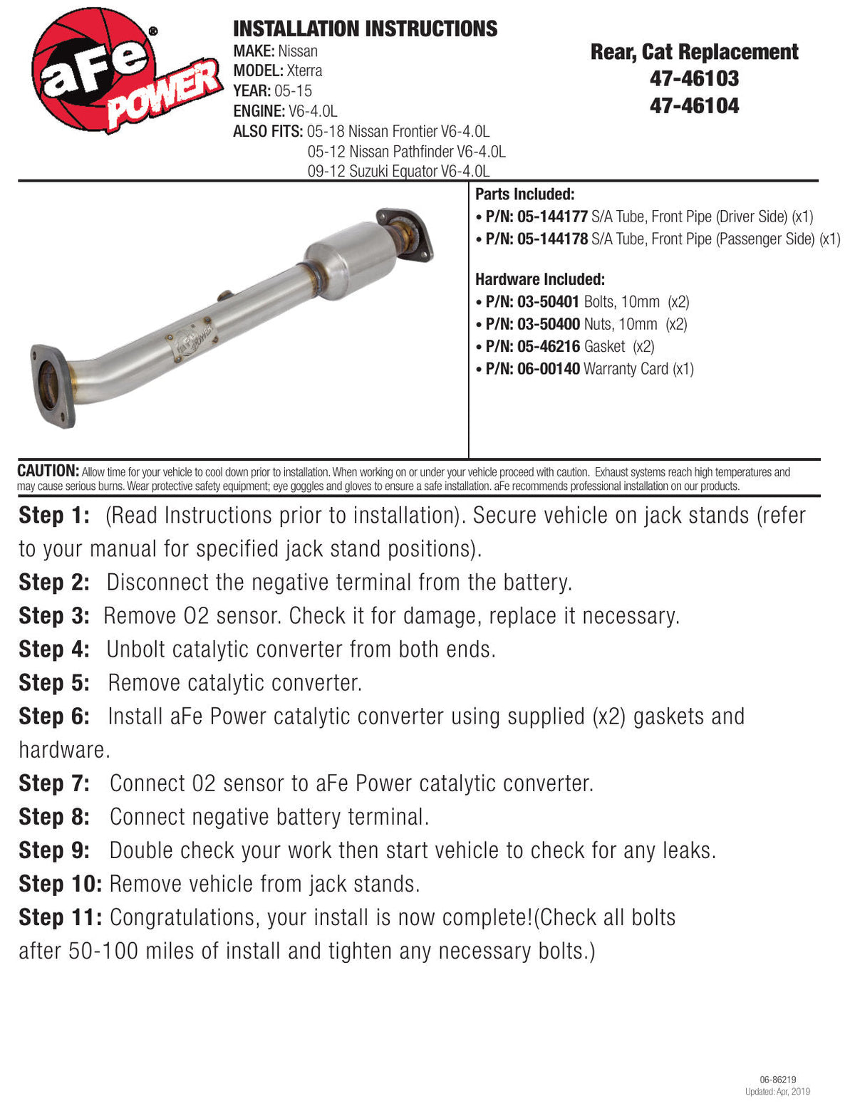 aFe Power Direct Fit Catalytic Converter Replacements Rear Left Side 05-11 Nissan Xterra V6 4.0L
