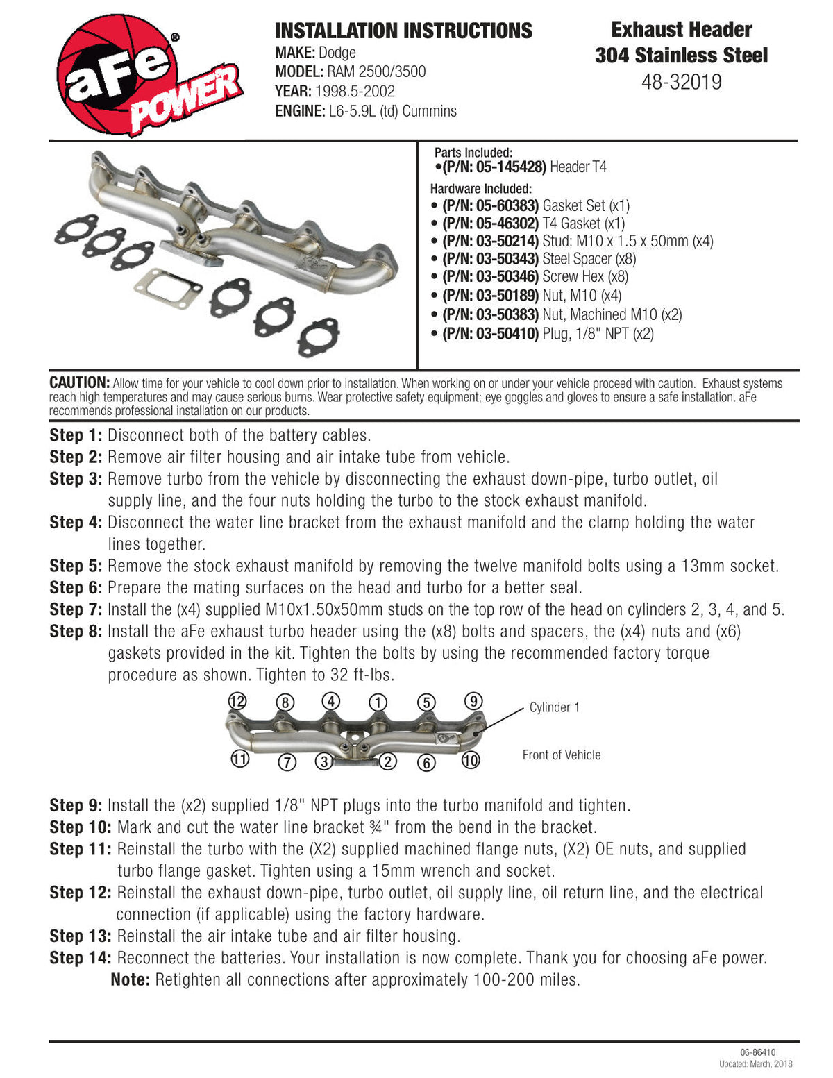 aFe Twisted Steel Header Turbo Manifold (T4) 98.5-02 Dodge Diesel Trucks L6 5.9L (td)