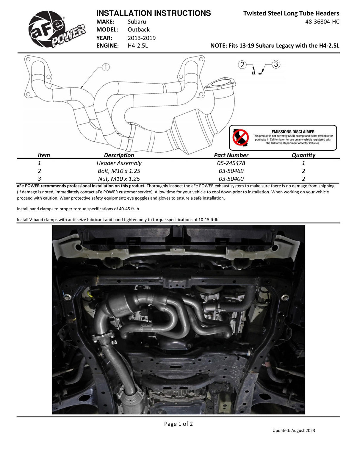 aFe Twisted Steel 304 Stainless Steel Header w/ Cat 13-19 Subaru Outback H4-2.4L