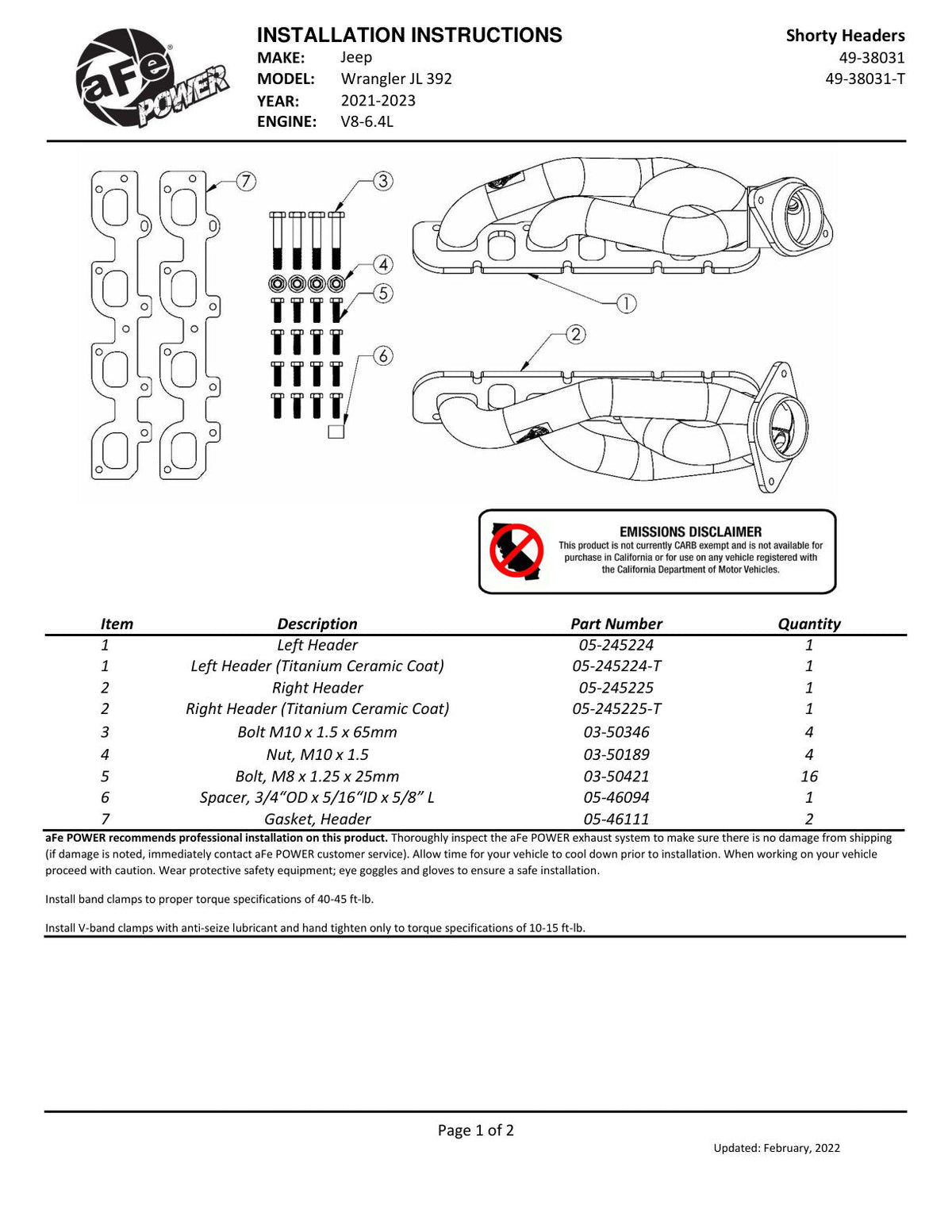 aFe 21-22 Jeep Wrangler 392 Twisted Steel Header 1-7/8 IN to 2-3/4 IN 304 w/ Raw Finish