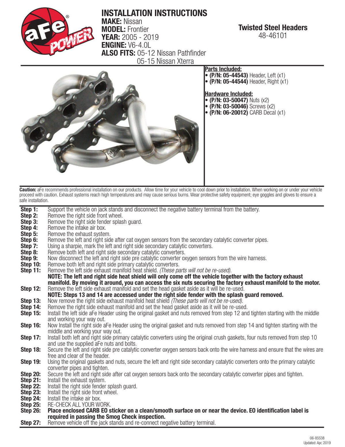 aFe Twisted Steel Header SS-409 HDR Nissan Frontier/Xterra 05-09 V6-4.0L