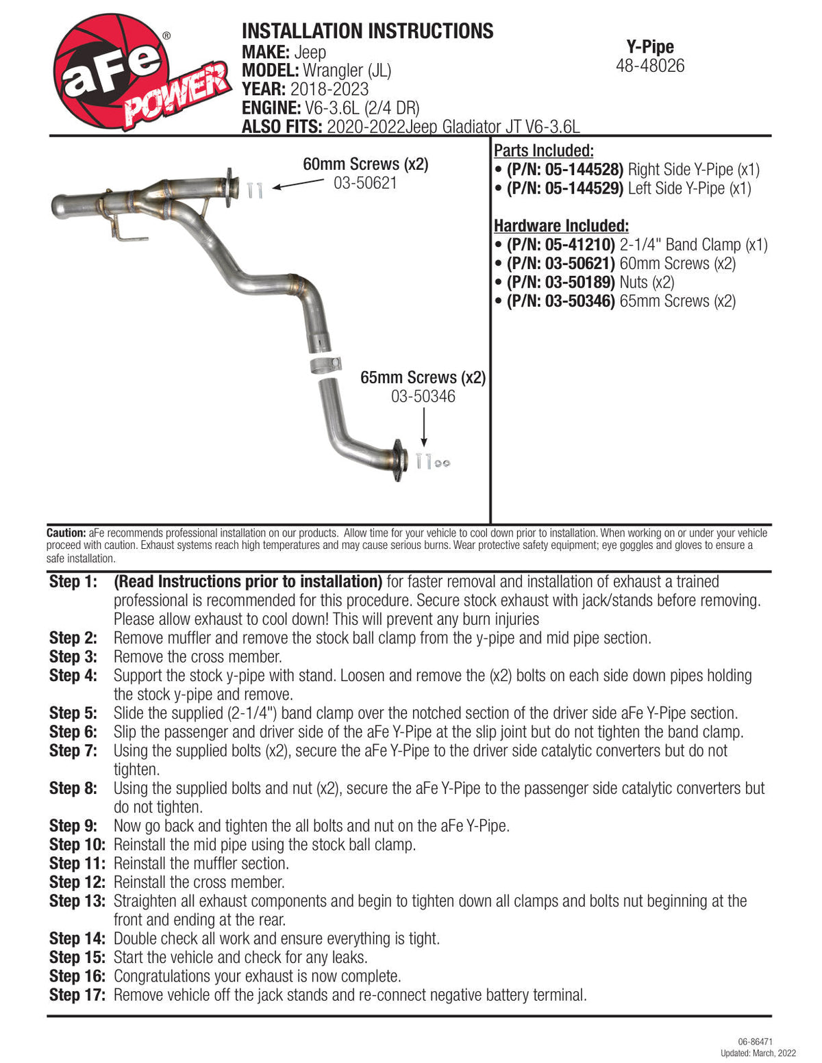 aFe POWER Twisted Steel Y-Pipe 2-1/4in 409 SS Exhaust System 2018 Jeep Wrangler (JL) V6-3.6L