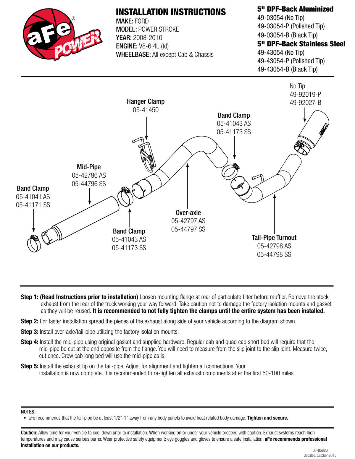 aFe Atlas 5in DPF-Back Aluminized Steel Exh Sys, Ford Diesel Trucks 08-10 V8-6.4L (td) Polished tip