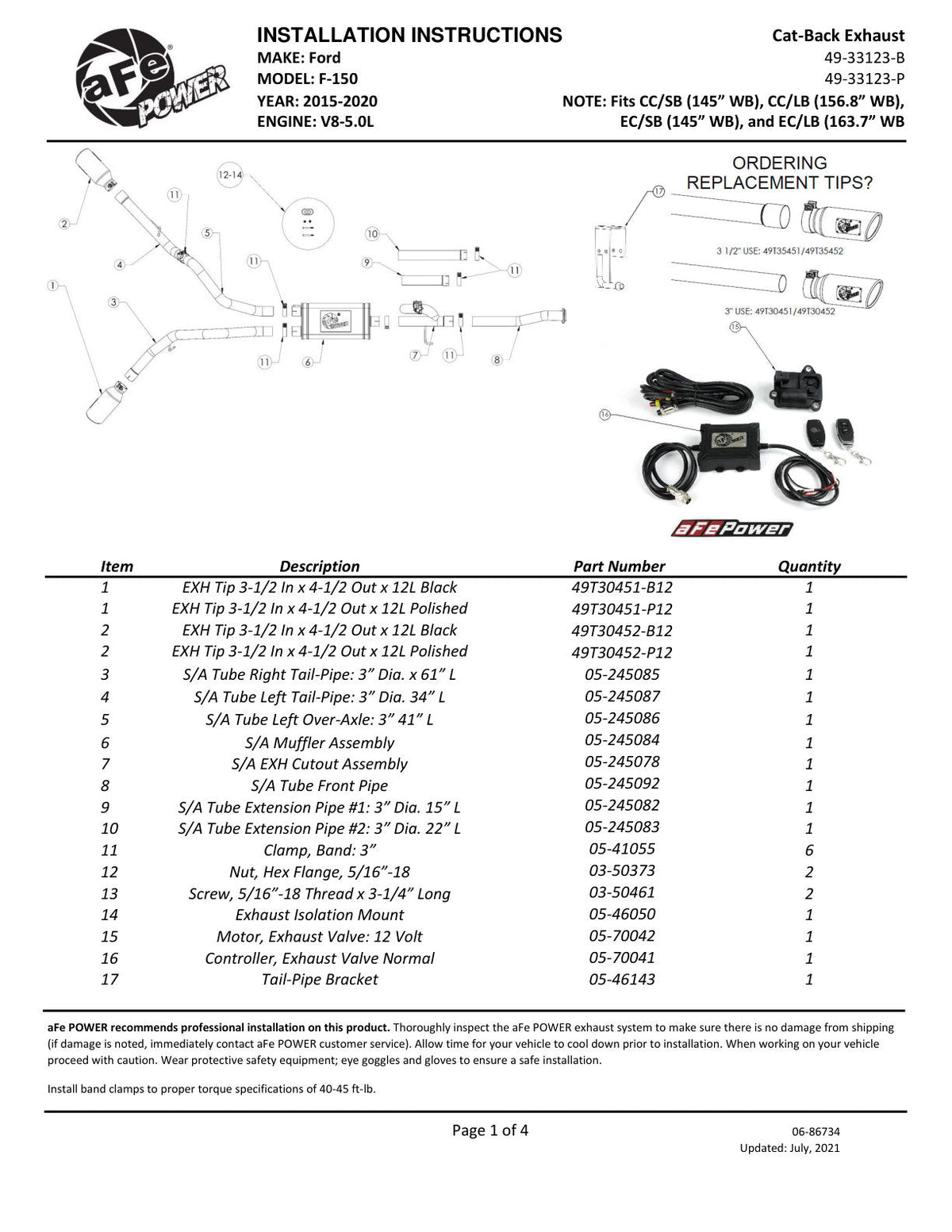 aFe Gemini XV 3in 304 SS Cat-Back Exhaust 15-20 Ford F-150 V6 2.7L/3.5 w/ Black Tips