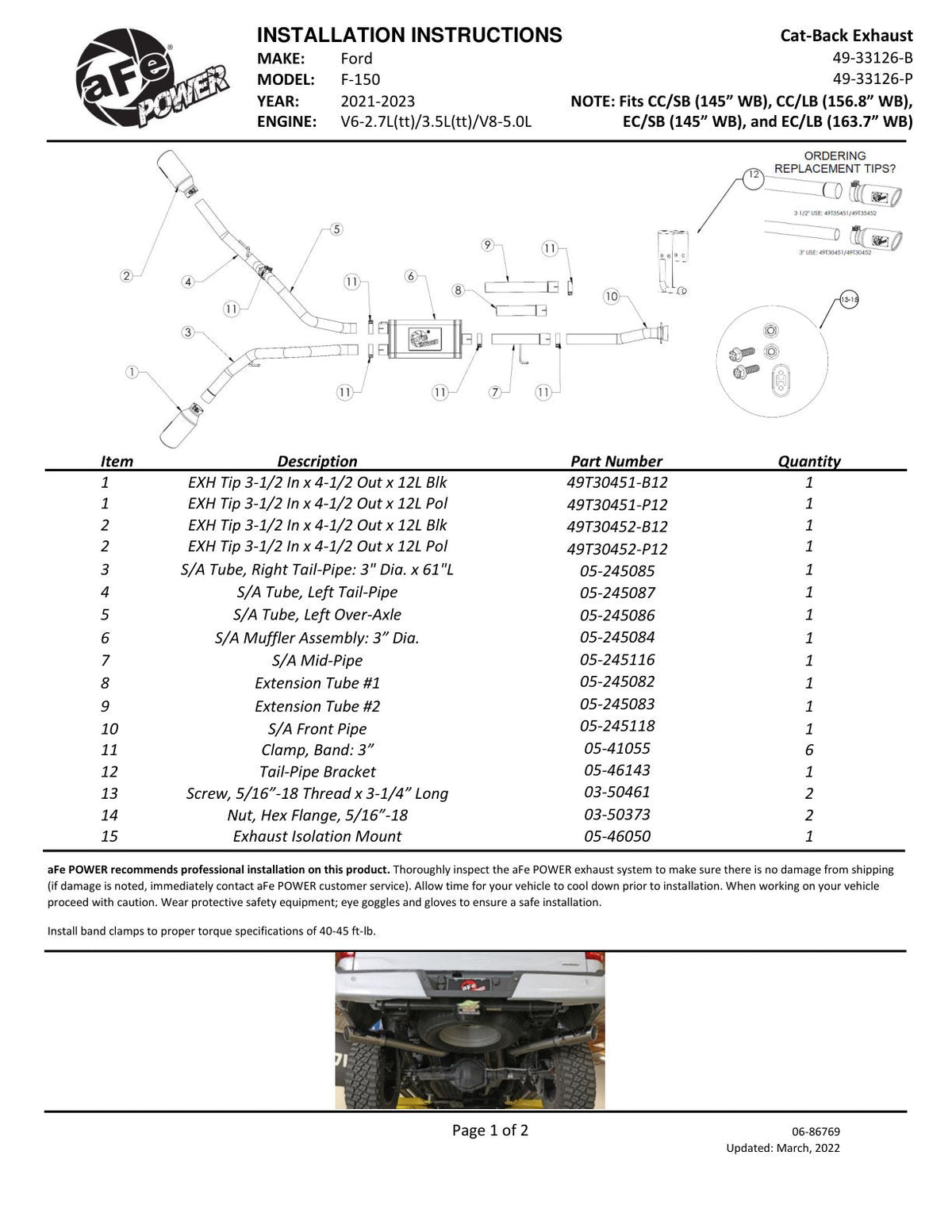 aFe Vulcan 3in 304 SS Cat-Back Exhaust 2021 Ford F-150 V6 2.7L/3.5L (tt)/V8 5.0L w/ Black Tips