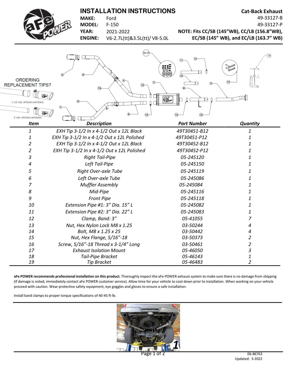aFe Vulcan 3in 304 SS Cat-Back Exhaust 2021 Ford F-150 V6 2.7L/3.5L (tt)/V8 5.0L w/ Polished Tips
