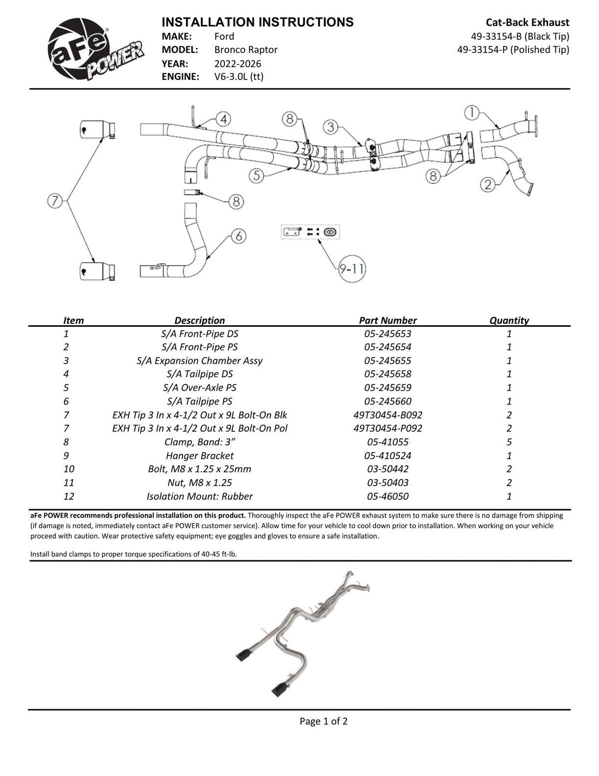 aFe 22-26 Ford Bronco V6 3.0L (tt) Vulcan Series 3in 304SS Cat-Back Exhaust System w/ Black Tips