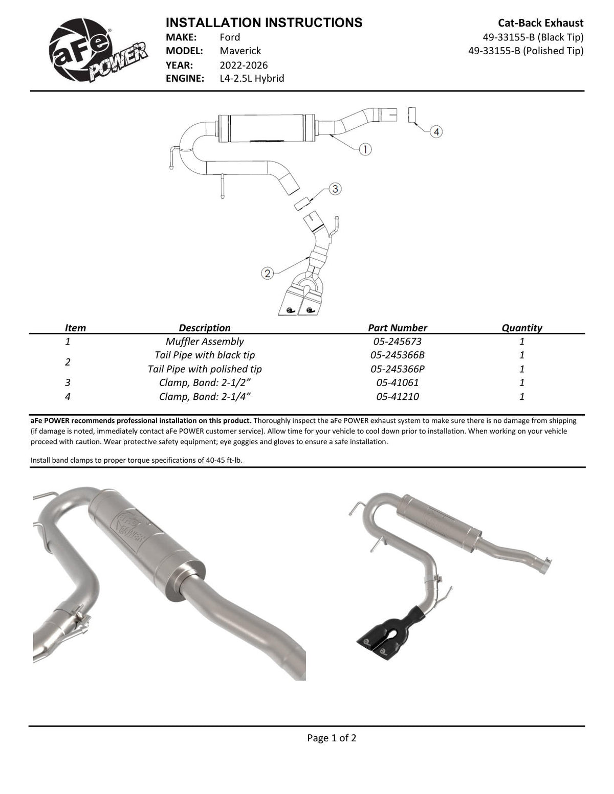 aFe Rebel Series 2-1/2in 304 Stainless Steel Cat-Back w/ Polished TipFord Maverick 22-26 L4-2.5L FWD