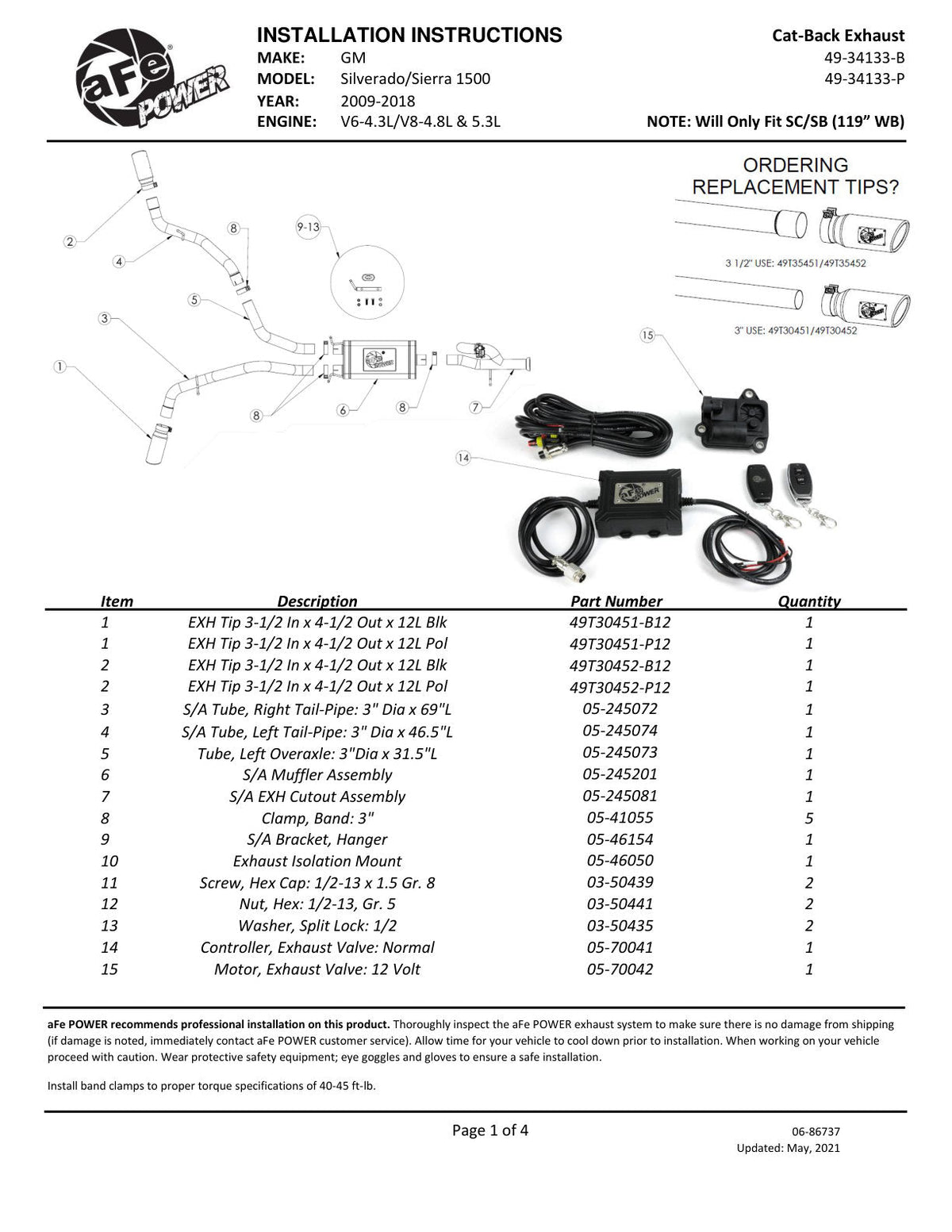 aFe Gemini XV 3in 304 SS Cat-Back Exhaust w/ Cutout 09-18 GM Trucks 4.3L/4.8L/5.3L w/ Black Tips