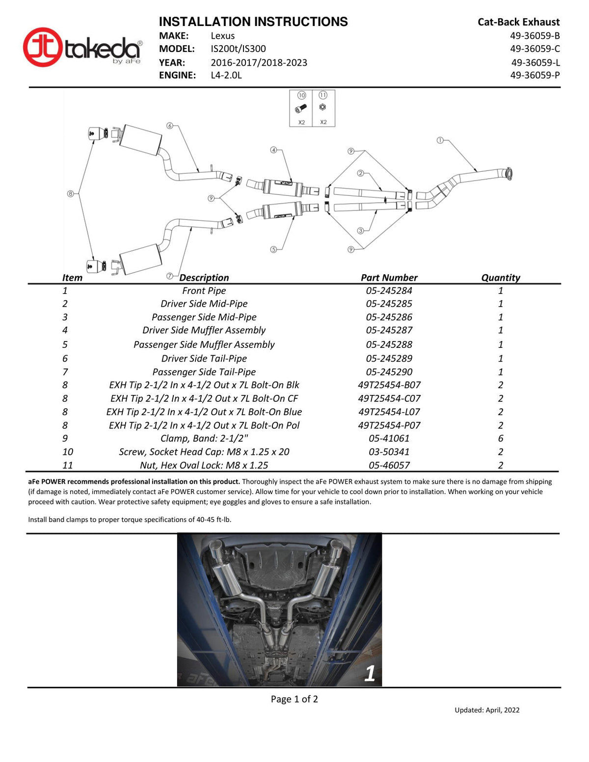 aFe POWER Takeda 16-17 Lexus IS200t L4-2.0L (t) 2.5in-3in 304 SS CB Exhaust w/Polish Tip