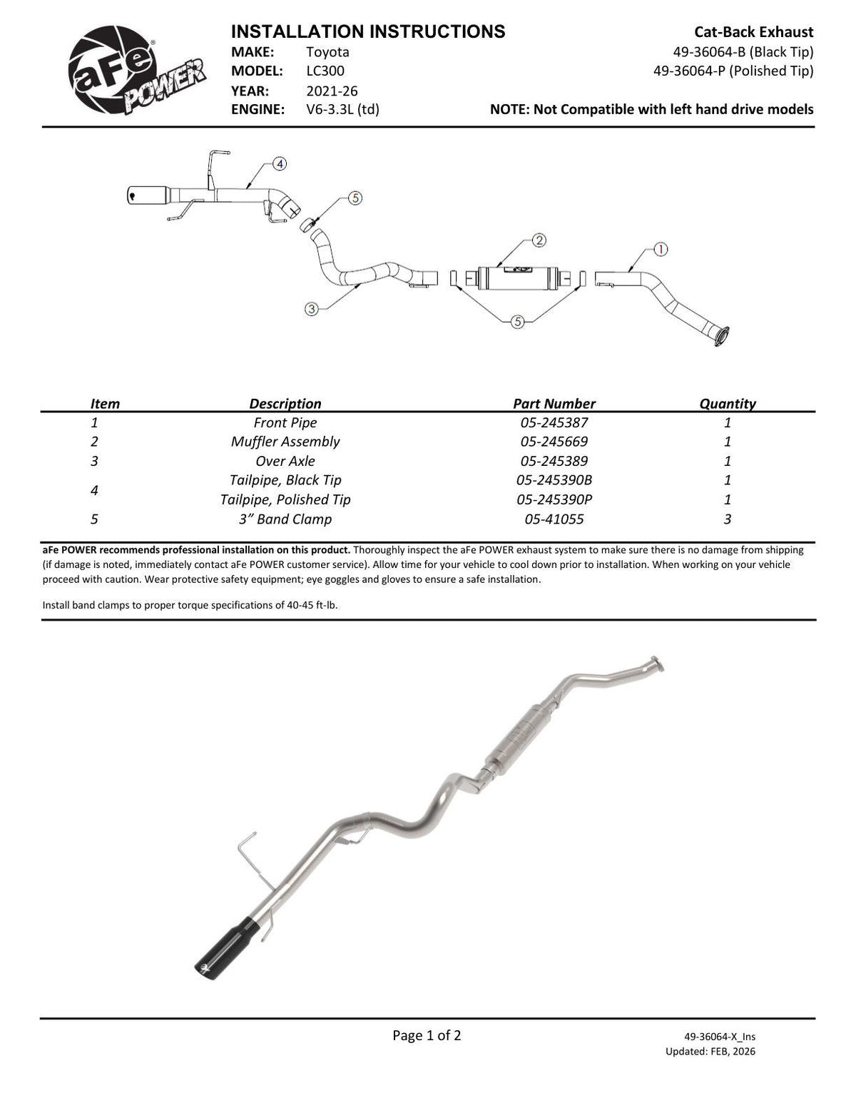 aFe 22-26 Toyota Land Cruiser (J300) Vulcan Series 3in Stainless Steel Exhaust System w/ Black Tip