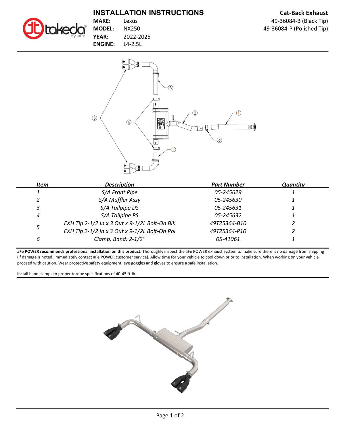 aFe 22-25 Lexus NX250 2.5L SS-304 Cat-Back Exhaust w/ Polished Tips