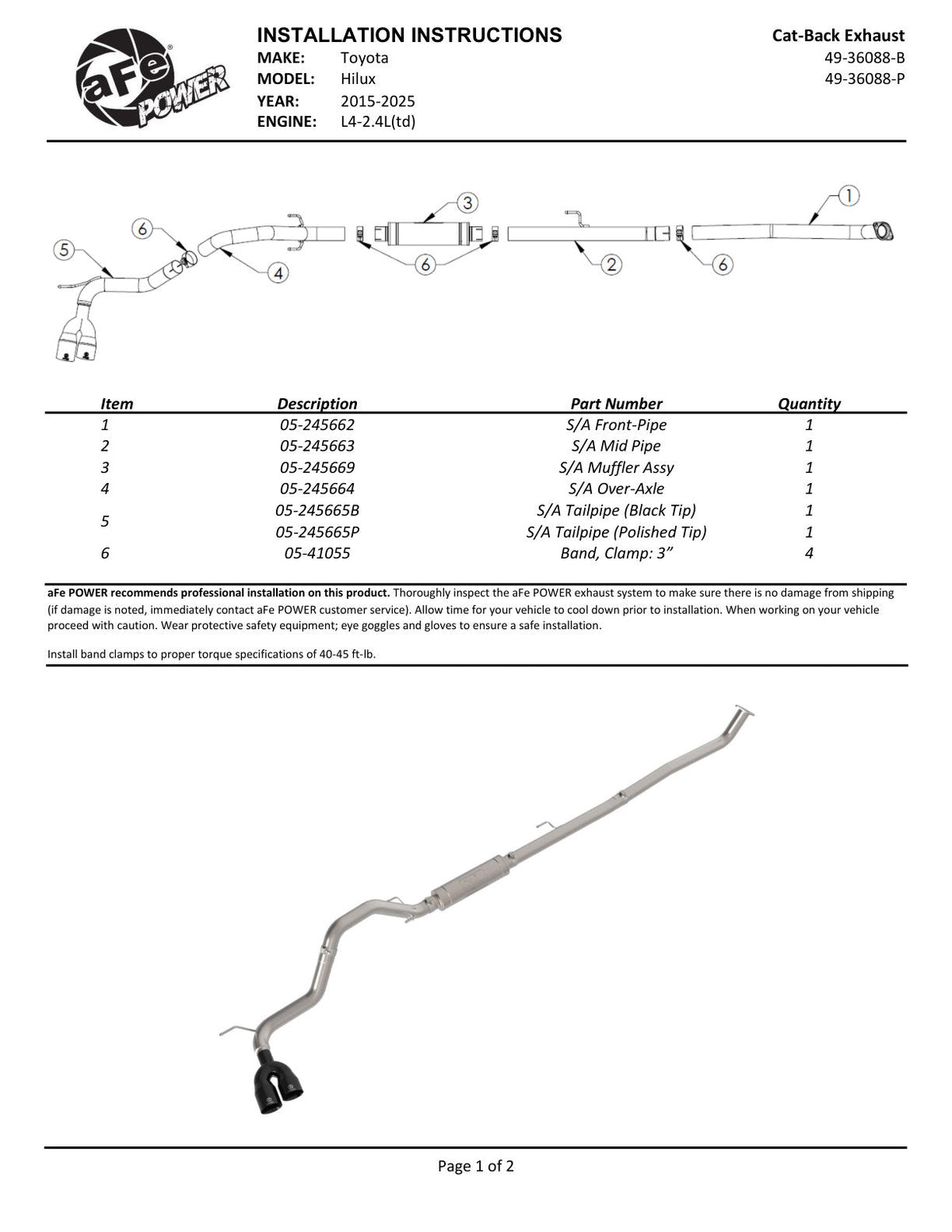 aFe 15-26 Toyota Hilux L4-2.4/2.8L (td) Vulcan Series 3in SS Rear-Side Exit Exhaust w/ Black Tip