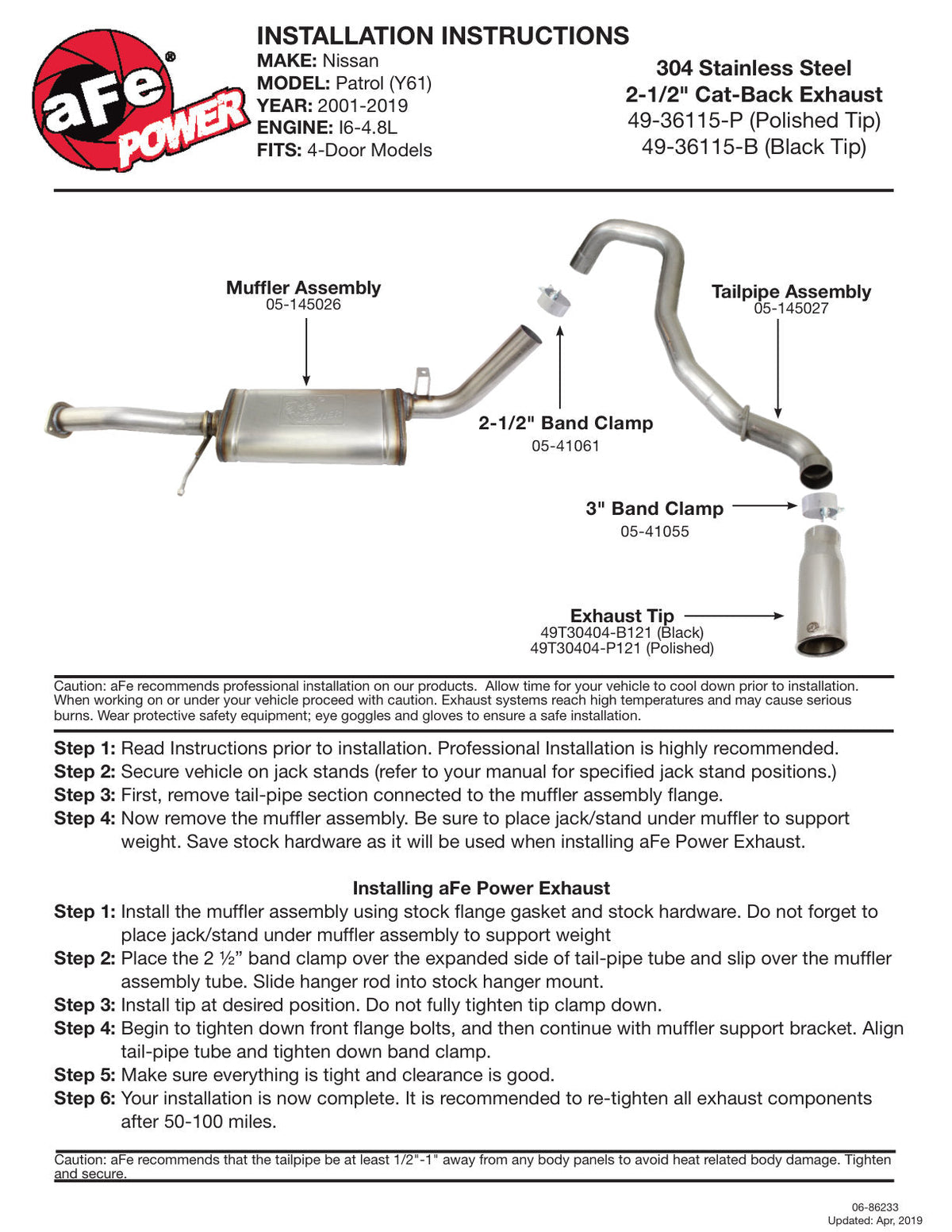 aFe MACH Force XP 2-1/2in SS-304 Cat-Back Exhausts w/ Black Tip 02-16 Nissan Patrol (Y61) I6-4.8L