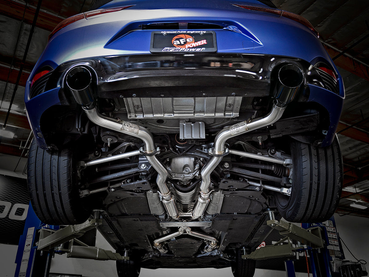 aFe POWER Takeda 2.5in 304 SS CB Exhaust w/ Blue Flame Tips 17-19 Infiniti Q60 V6-3.0L (tt)